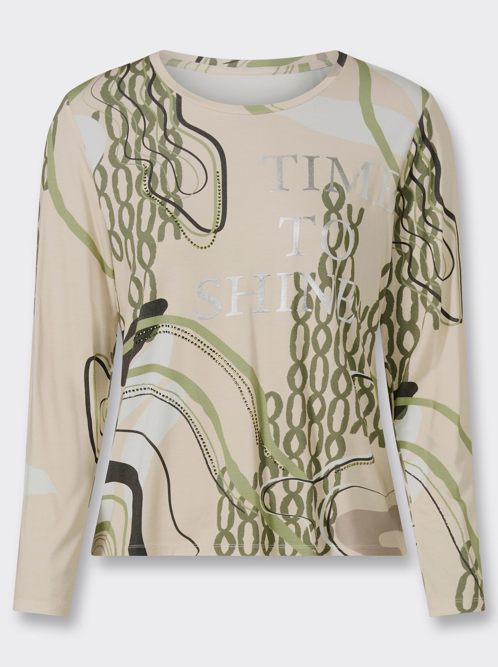 heine Langarmshirt mit Glitzersteinchen - elfenbein-khaki-bedruckt