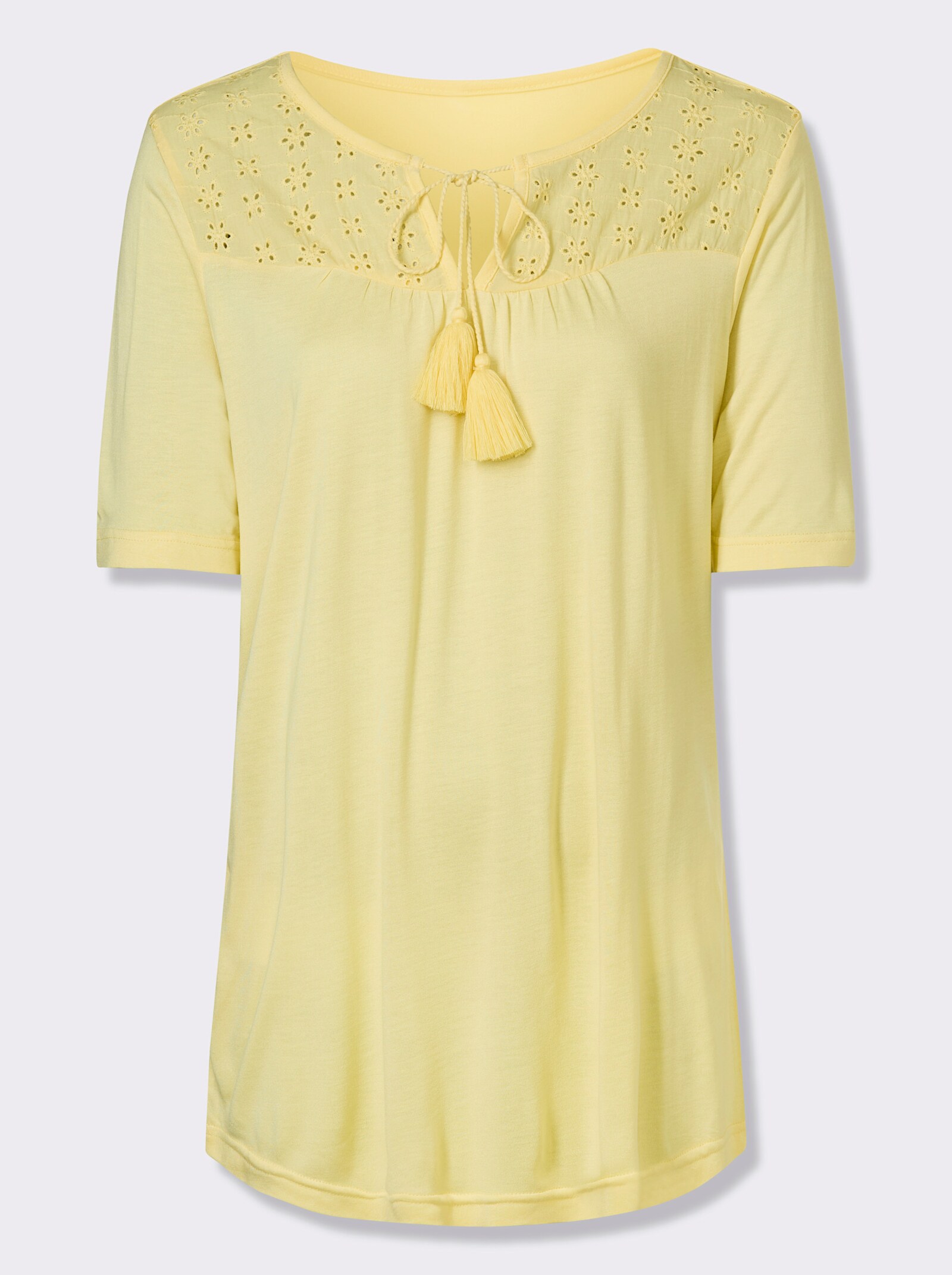 Shirt met korte mouwen en inzet met ajourwerk - citroen
