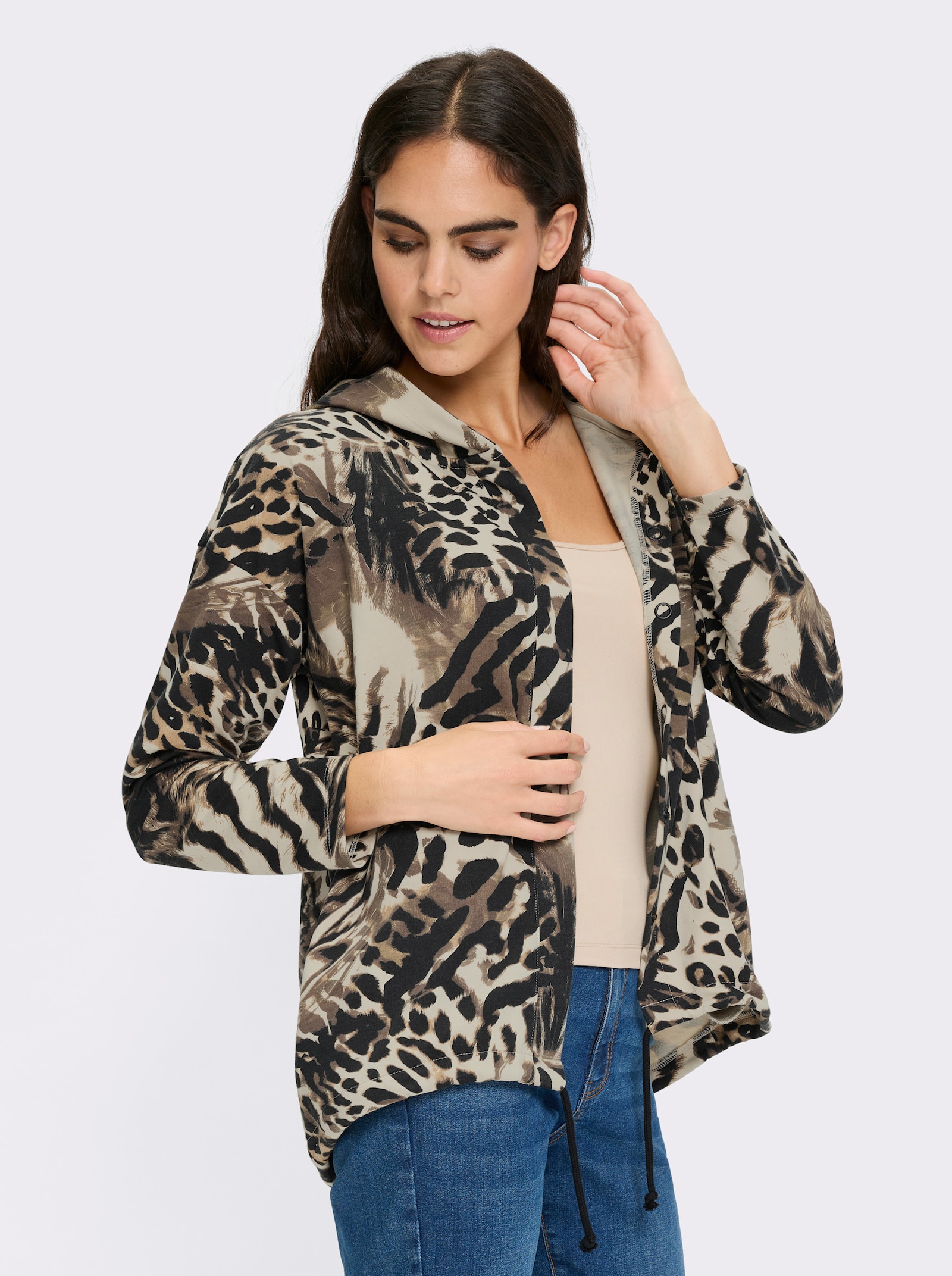 heine Shirtjasje met tunnelkoord in de zoom - zwart/zand geprint