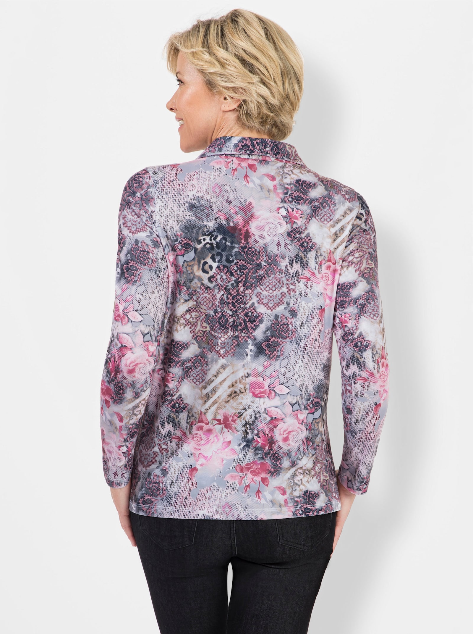 Poloshirt in Single-Jersey-Qualität - steingrau-altrosé-bedruckt