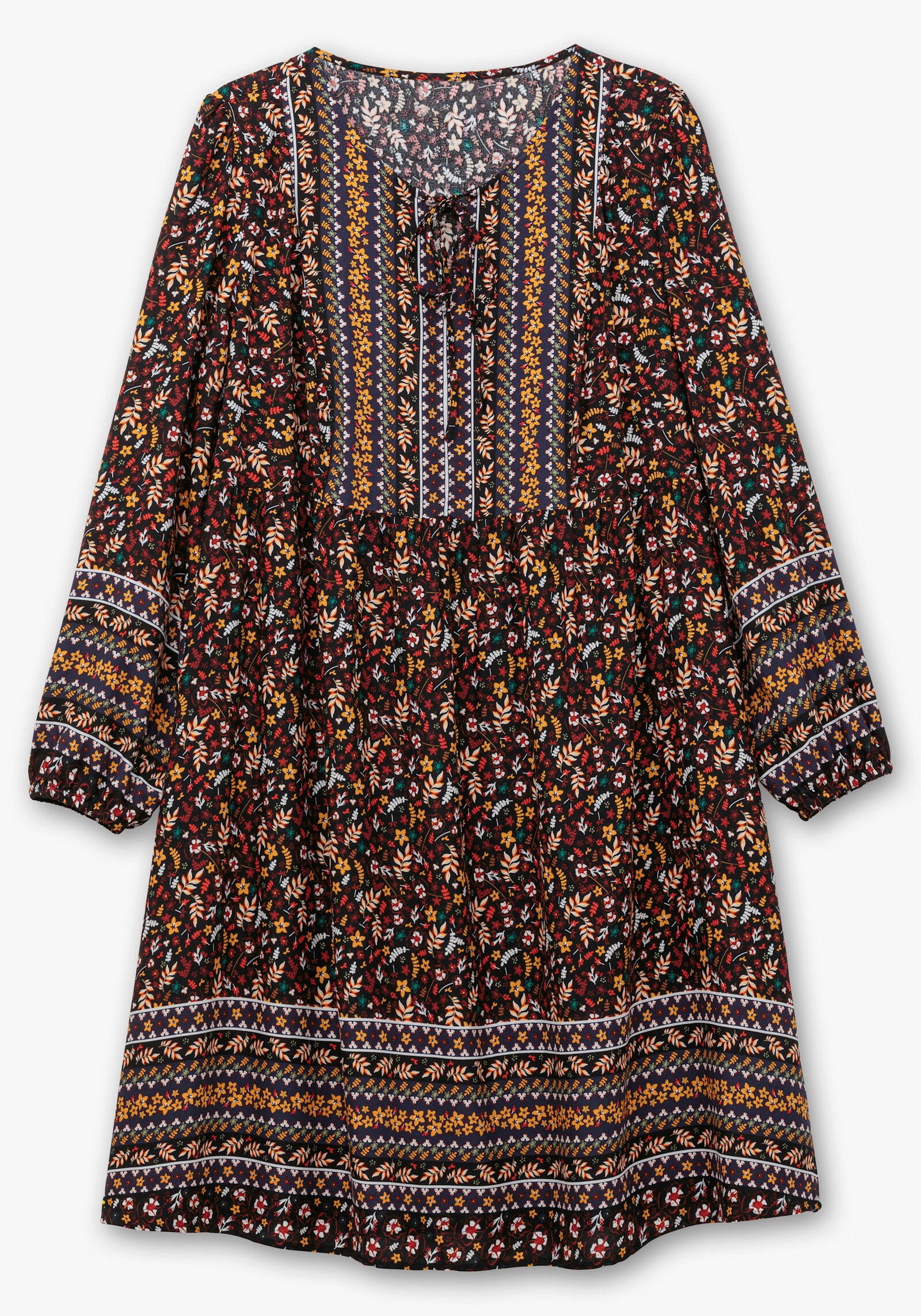 Druckkleid mit Bordüren-Dessin - schwarz-rotbraun-bedruckt
