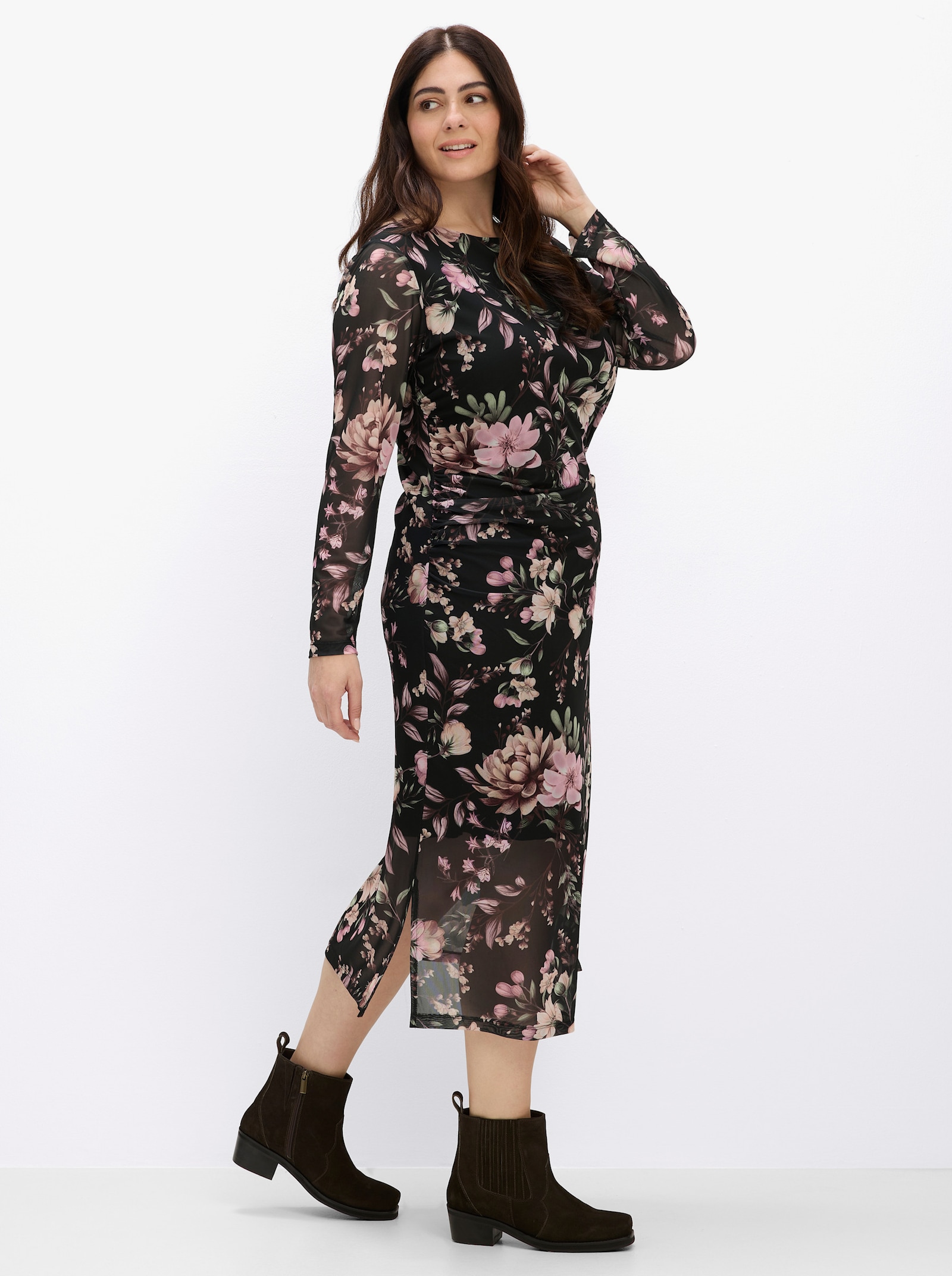 sheego Blumenkleid aus Mesh-Qualität - schwarz-rosenholz-bedruckt