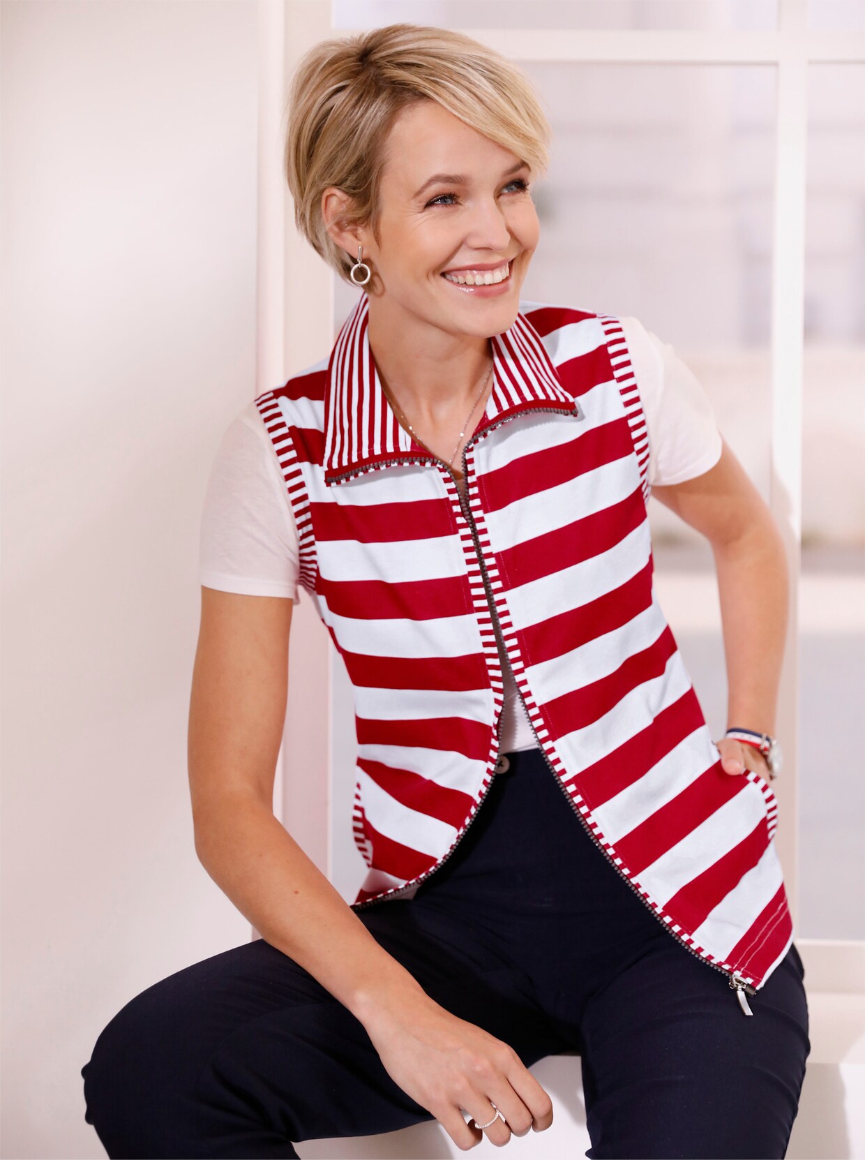 Jerseygilet - wit/rood gestreept