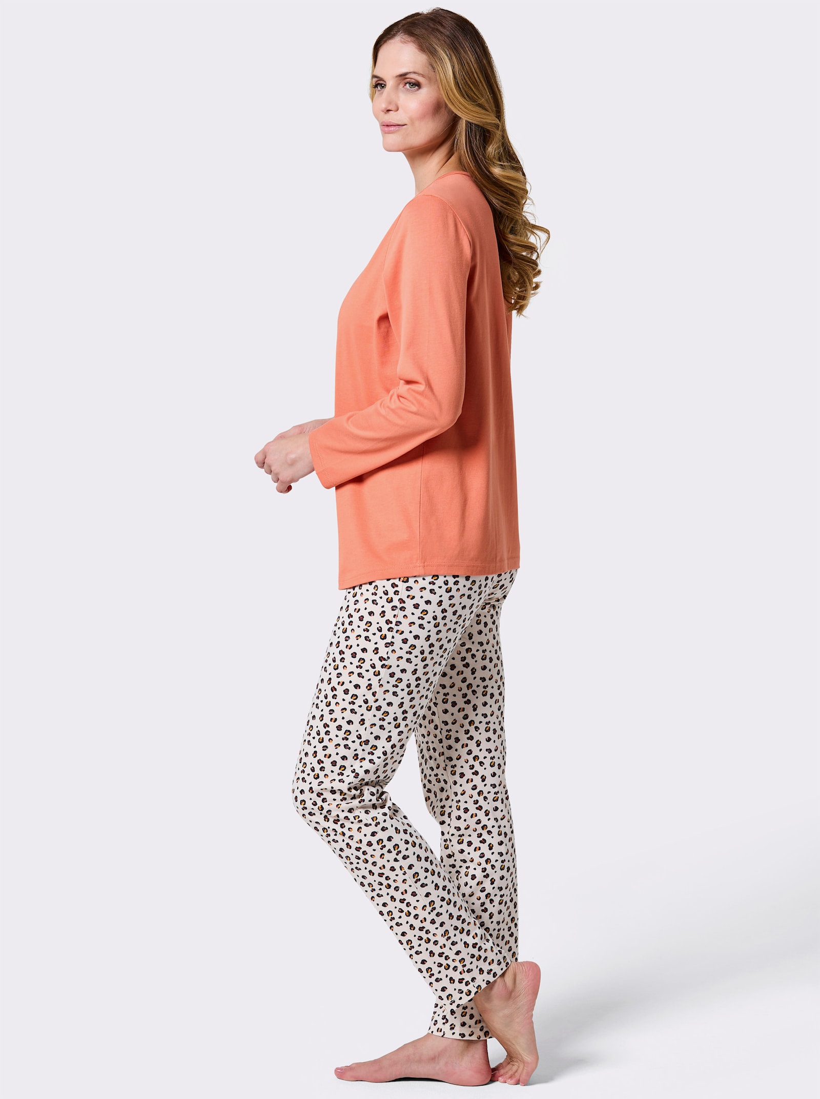 wäschepur Schlafanzüge aus reiner Baumwolle - marine-papaya-bedruckt + papaya-elfenbein-bedruckt