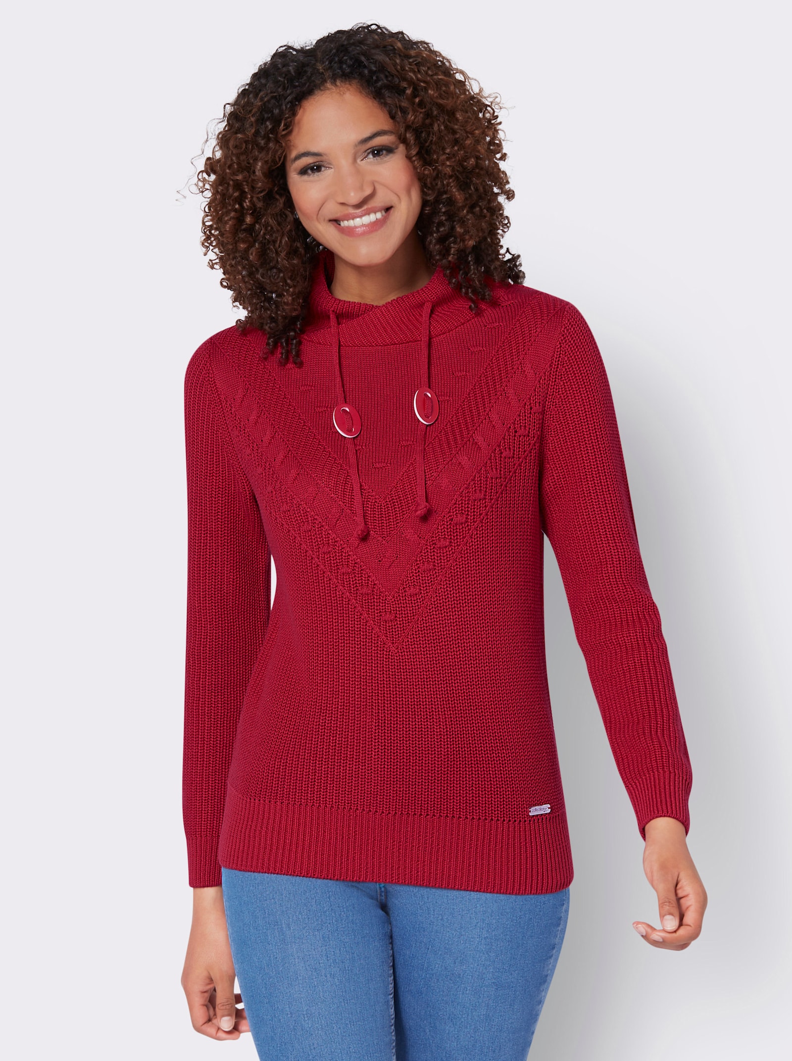 Gebreide pullover met overlappende opstaande kraag - rood