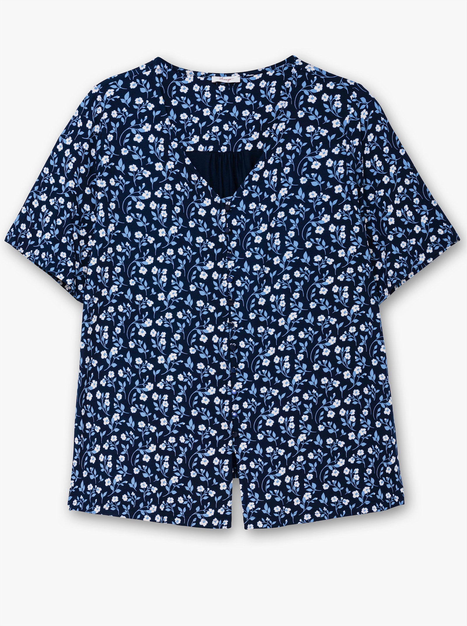 sheego Shirt mit Blümchenprint und Knopfleiste - tiefblau-gemustert