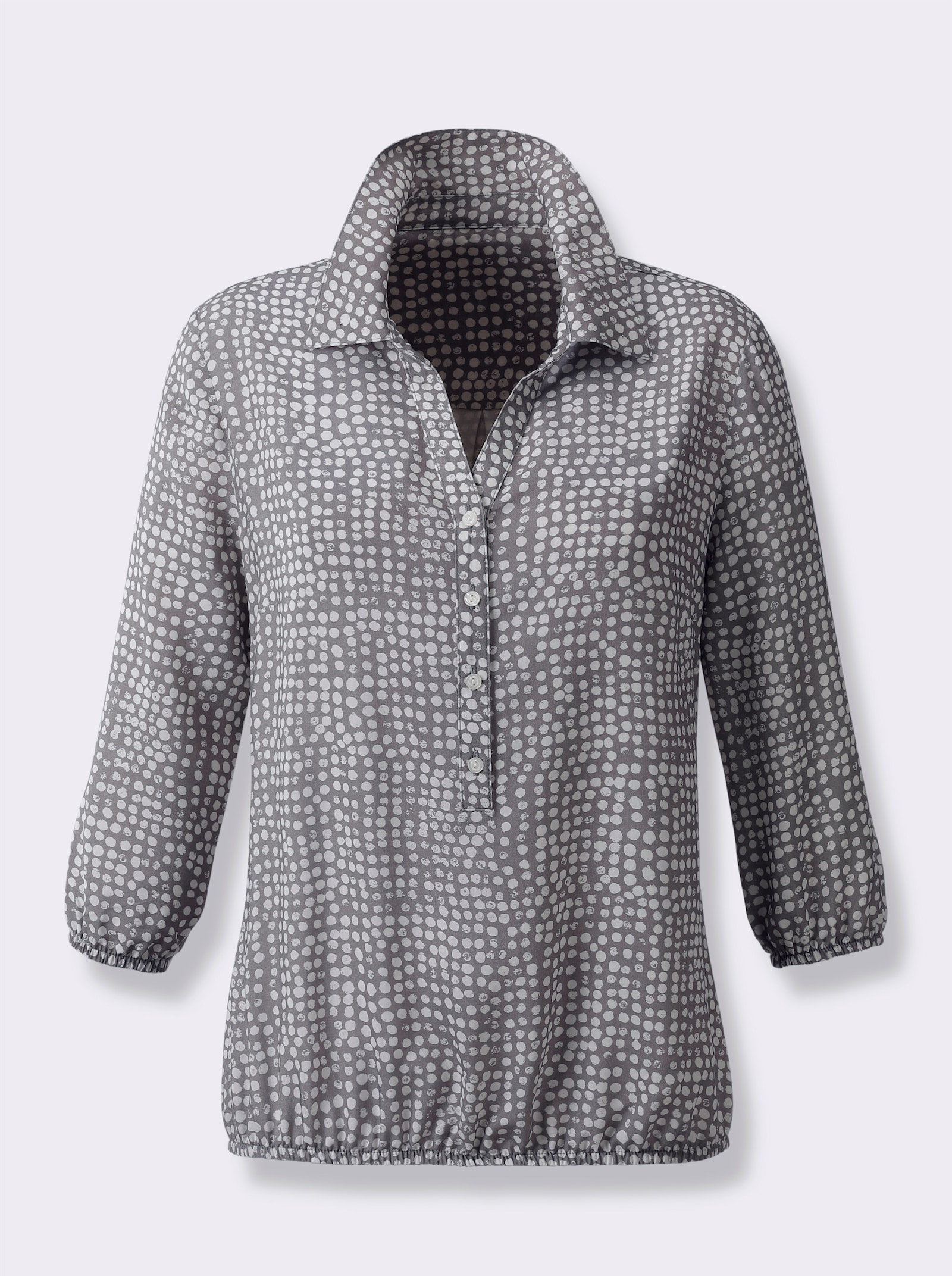 Schlupf-Bluse mit schimmernden Knöpfen - grau-weiß-bedruckt