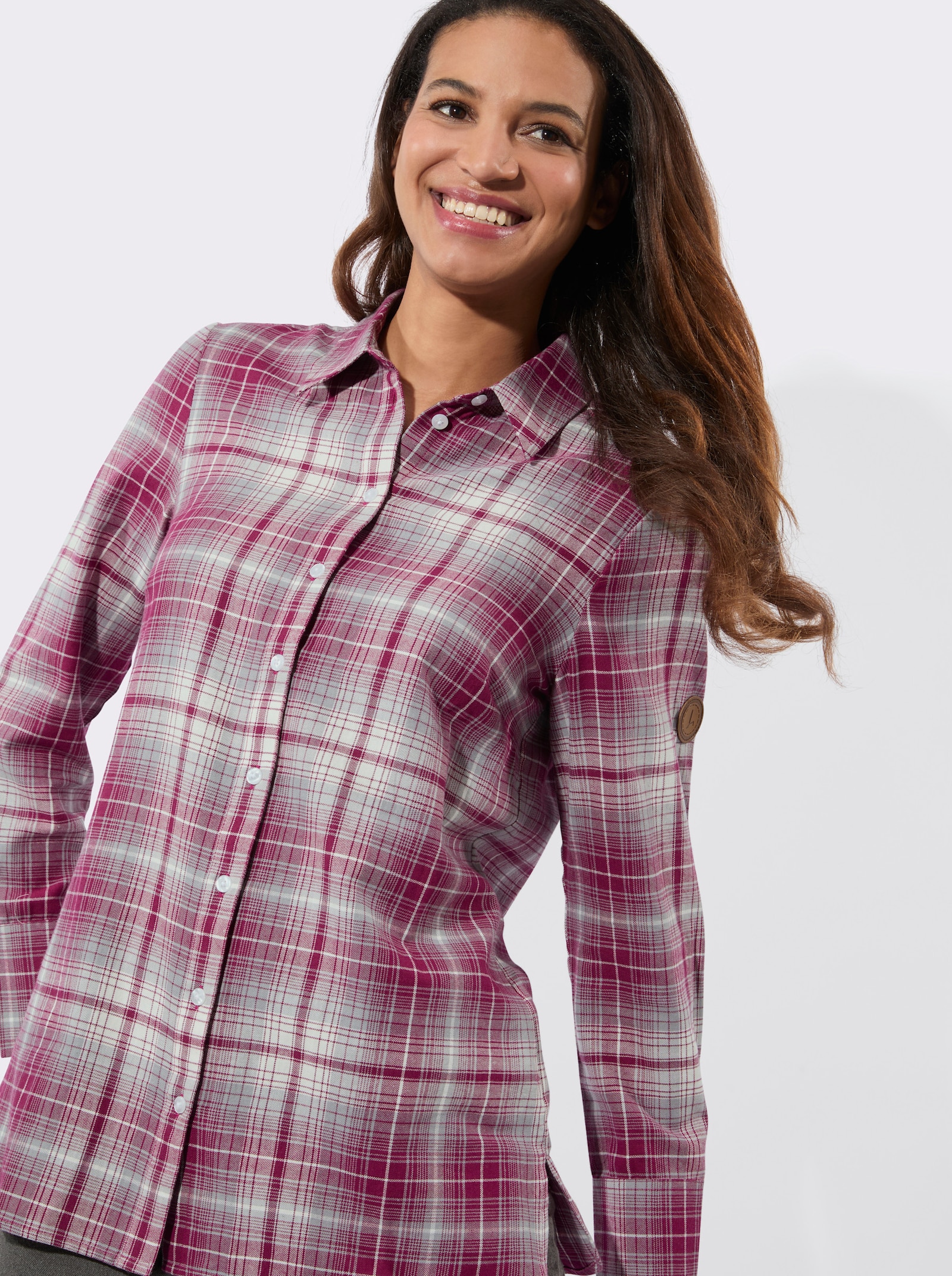 Flanellbluse mit Seitenschlitzen - bordeaux-steingrau-kariert