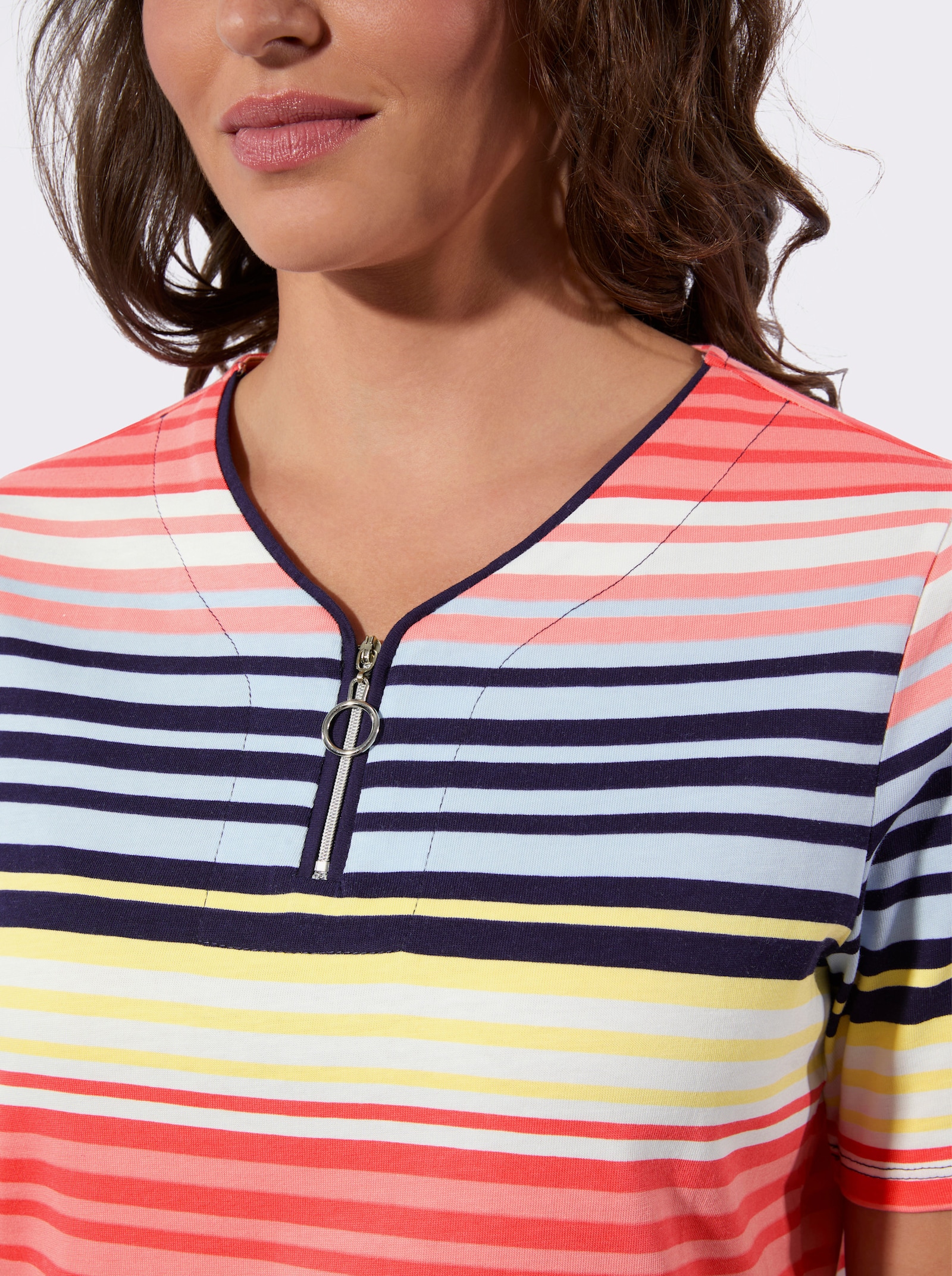 Ringelshirt mit Reißverschluss am Ausschnitt - flamingo-zitrone-geringelt