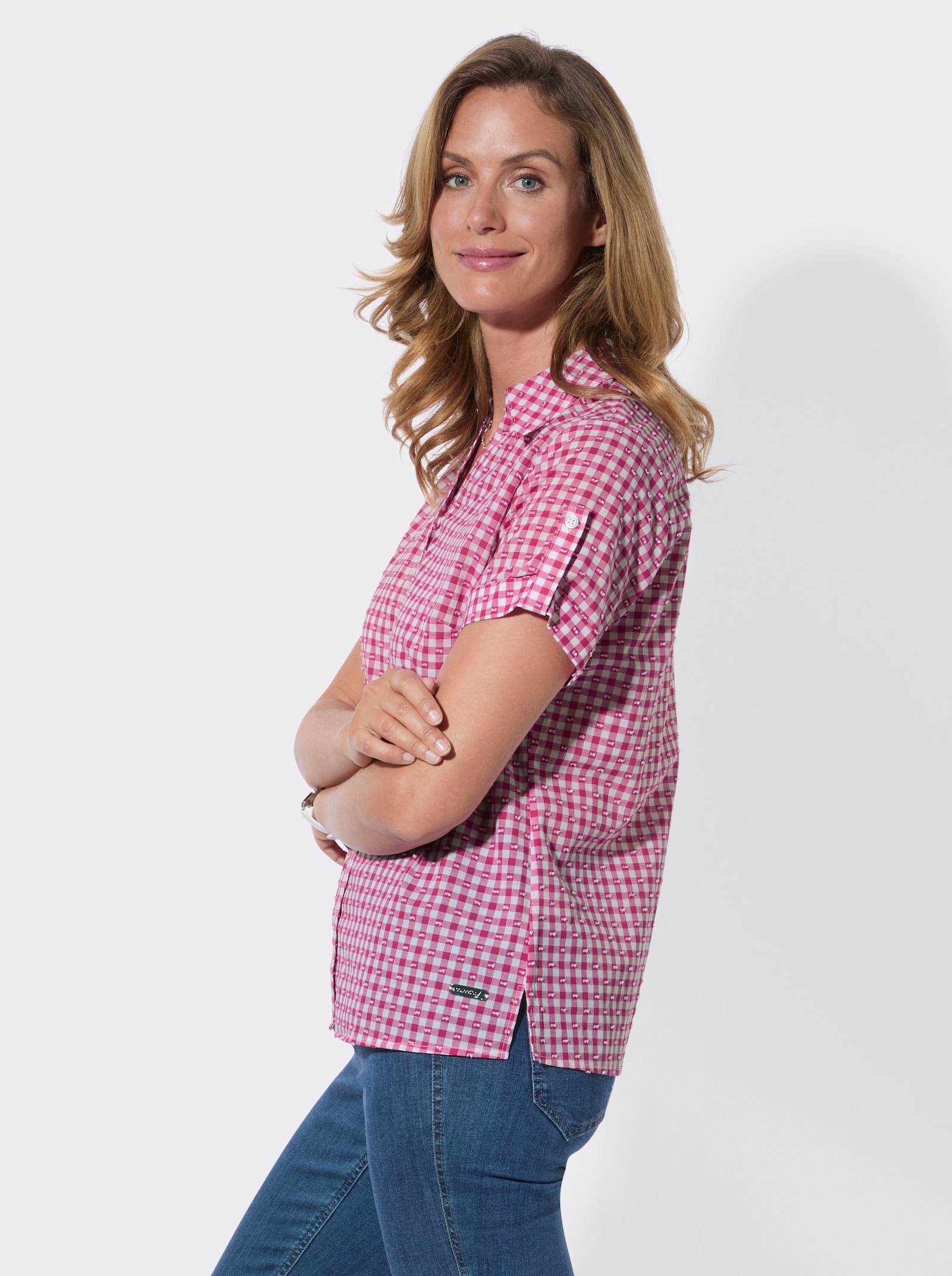 Karobluse mit fixierten Ärmelaufschlägen - fuchsia-ecru-kariert