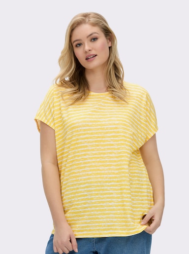 Rundhalsshirt mit weicher Baumwolle - sonnengelb-ecru-geringelt