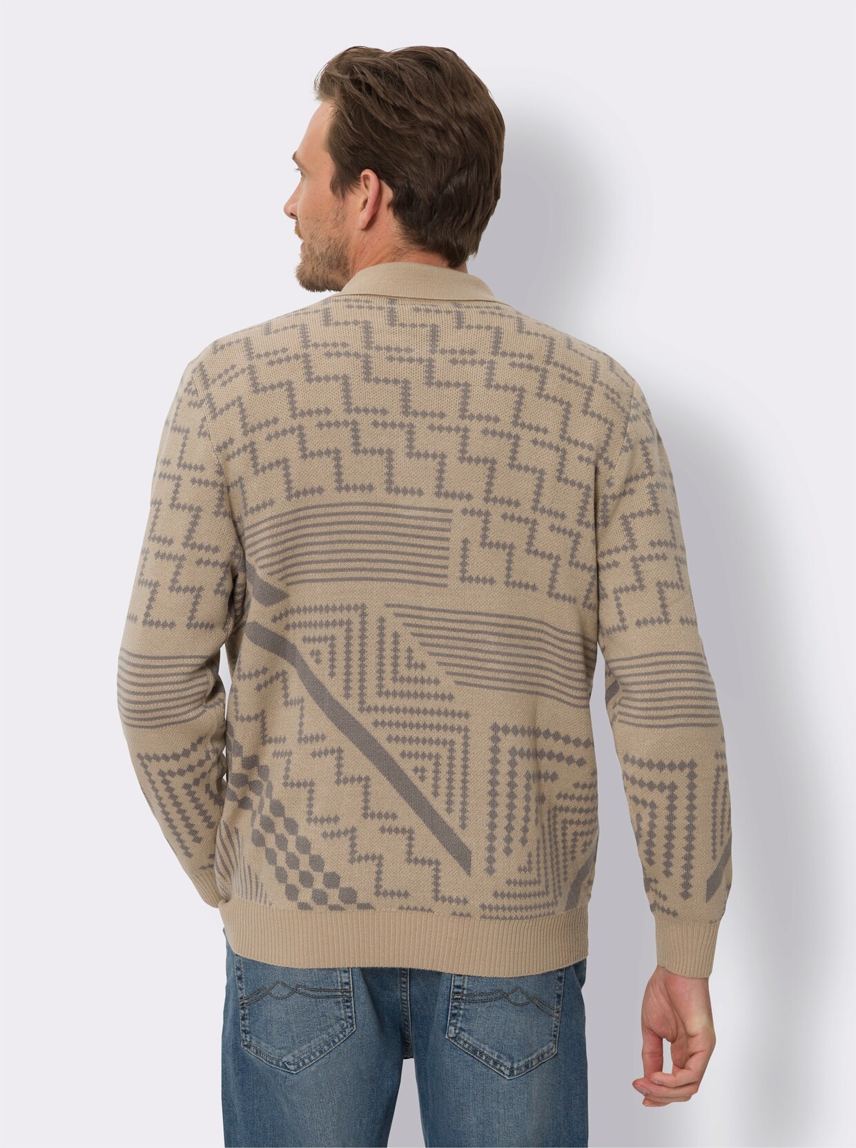 Polopullover - beige-grau-gemustert