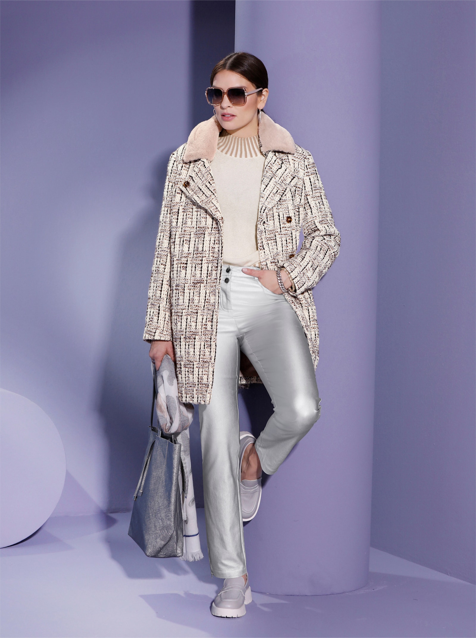 Boucléjacke mit Woll-Anteil - sesam-grau-gemustert