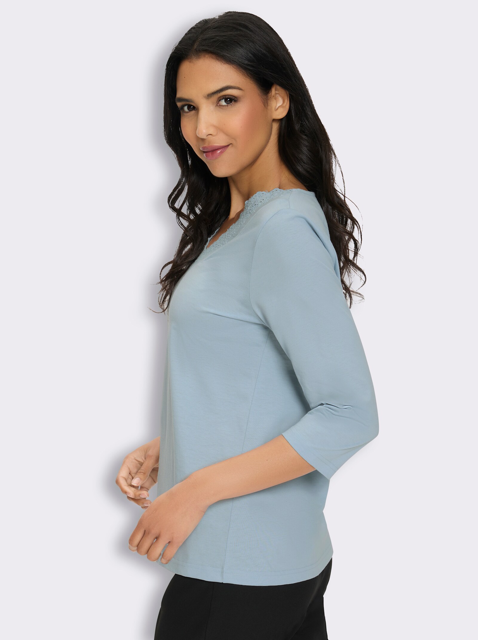 3/4-Arm-Shirt mit Spitze am Ausschnitt - eisblau