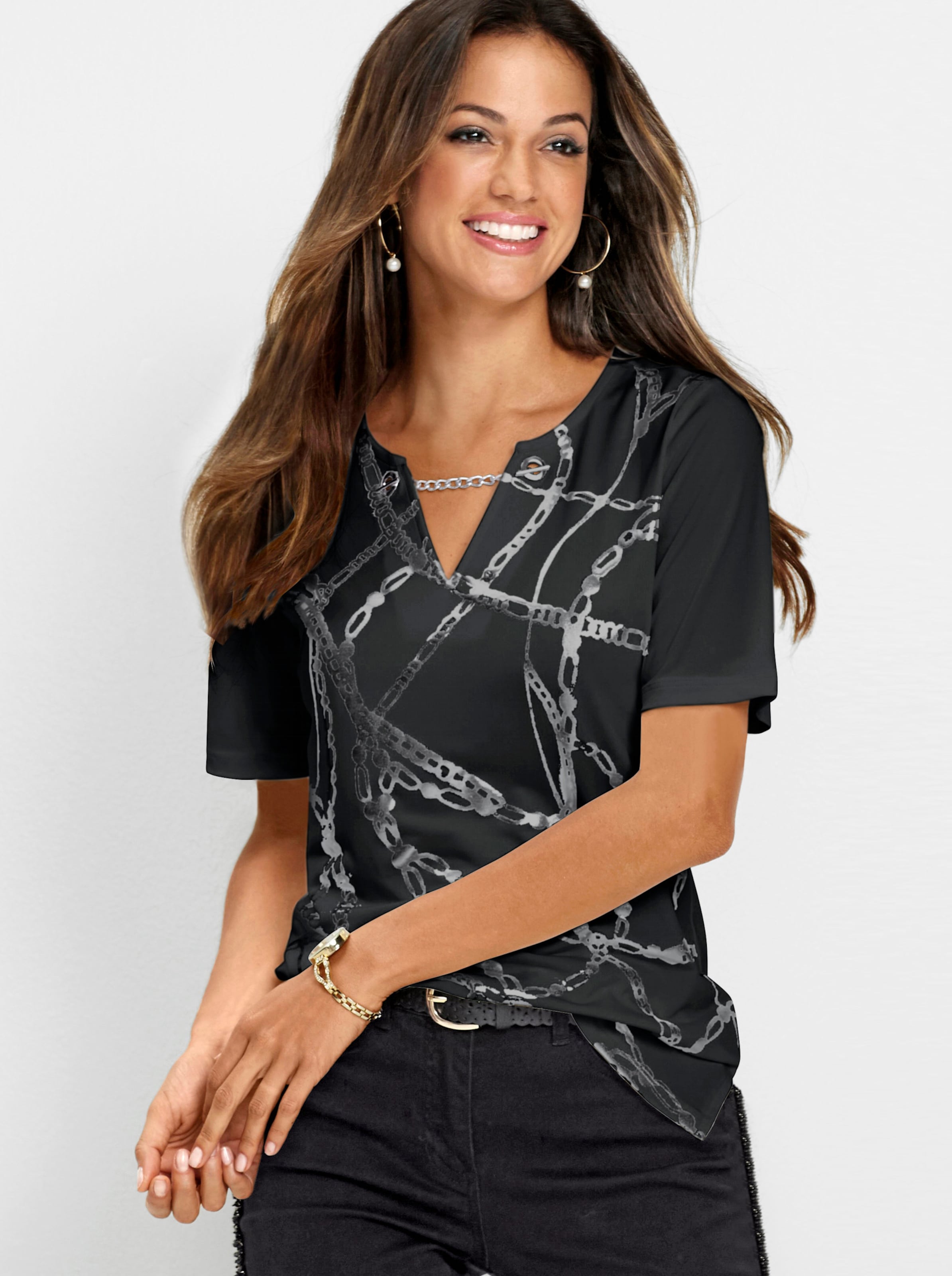 Witt Damen Shirt, schwarz-silberfarben-bedruckt