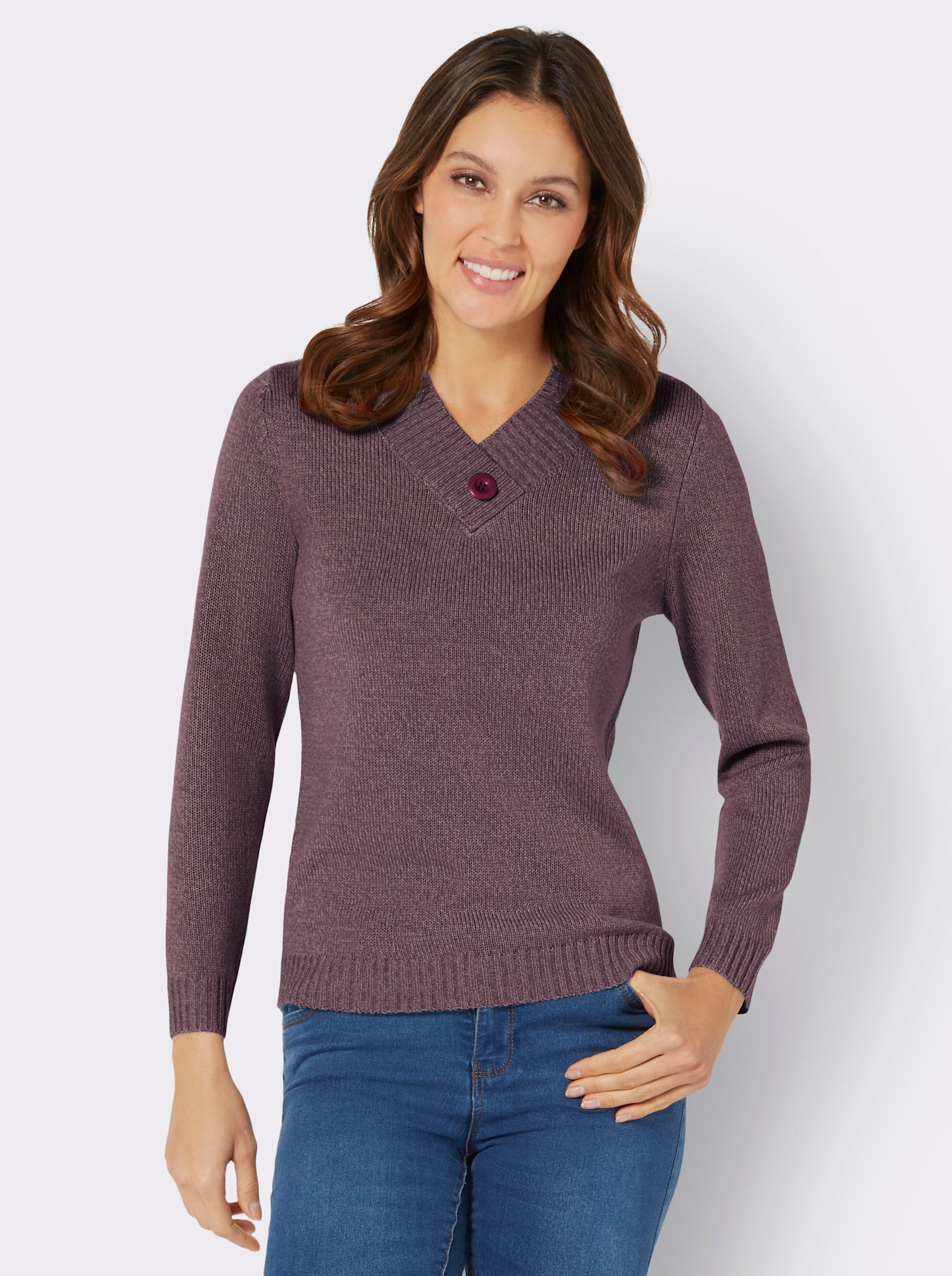 Langarm-Pullover mit V-Ausschnitt - burgund-mauve-meliert