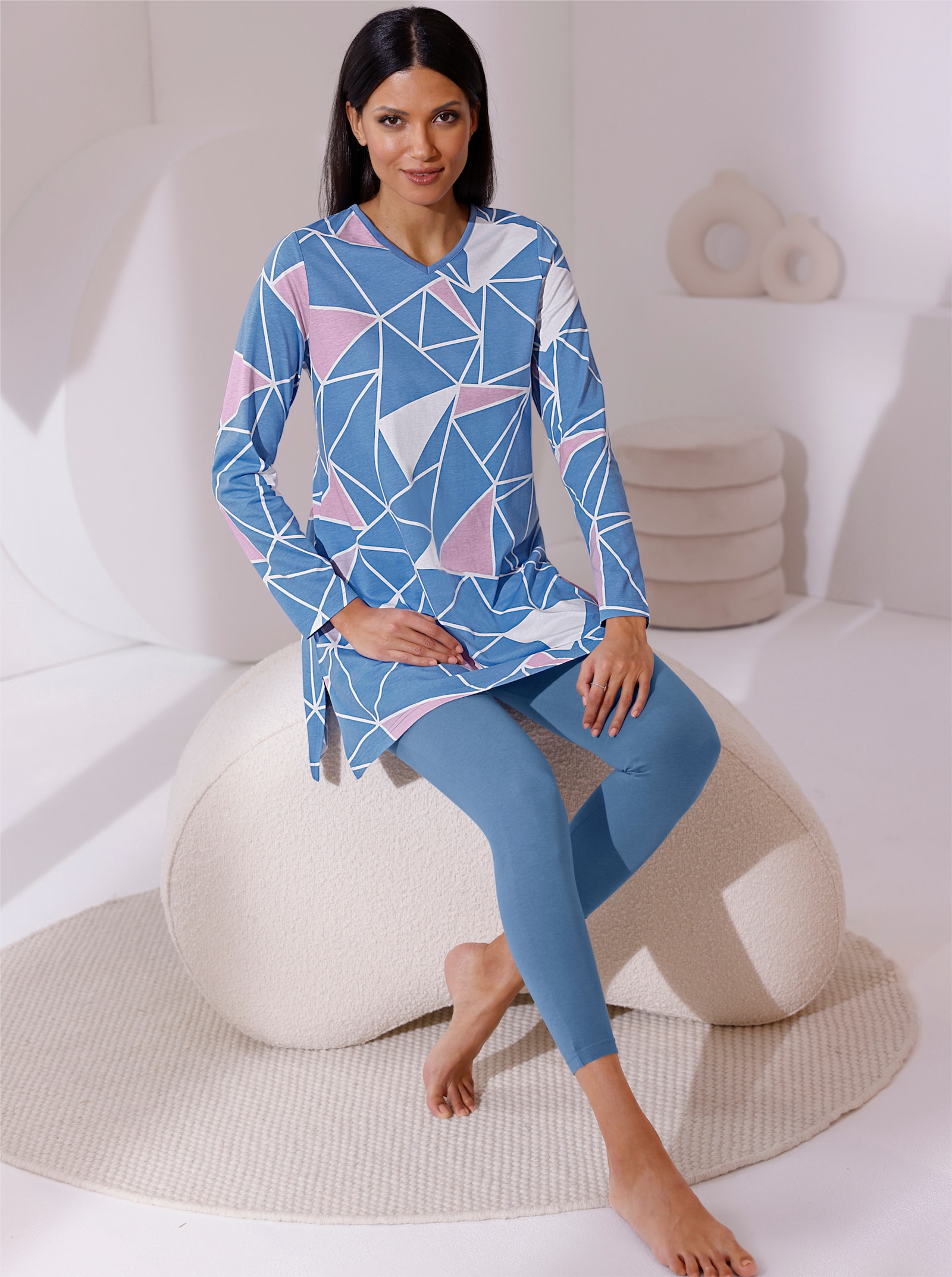 wäschepur Schlafanzug mit Tunika-Oberteil - mittelblau-rosé-bedruckt