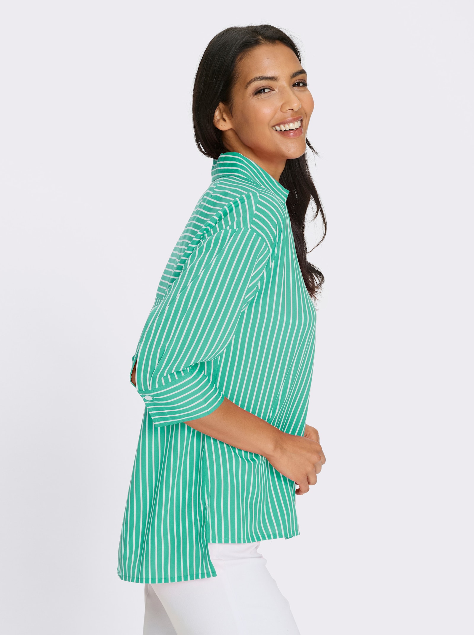 Lange blouse met stolpplooi achter - wit/blauwgroen gestreept