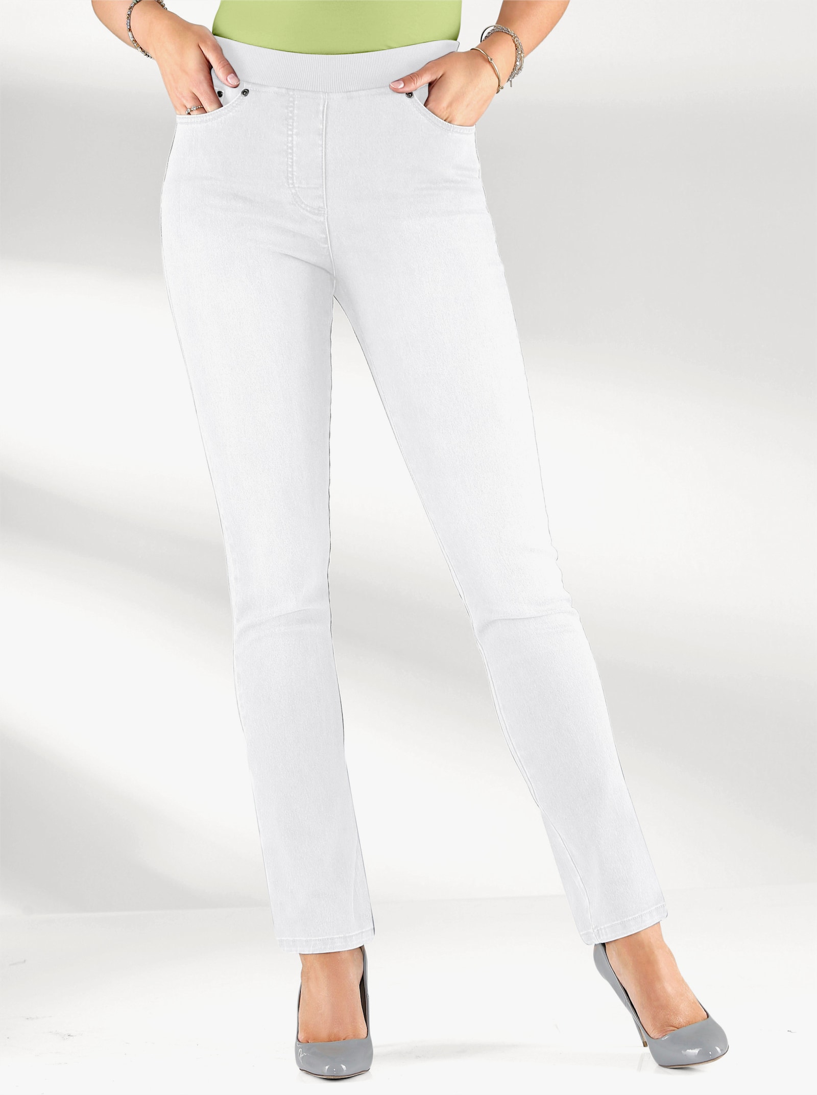 Comfortjeans met geribde comfortband van tricot - wit