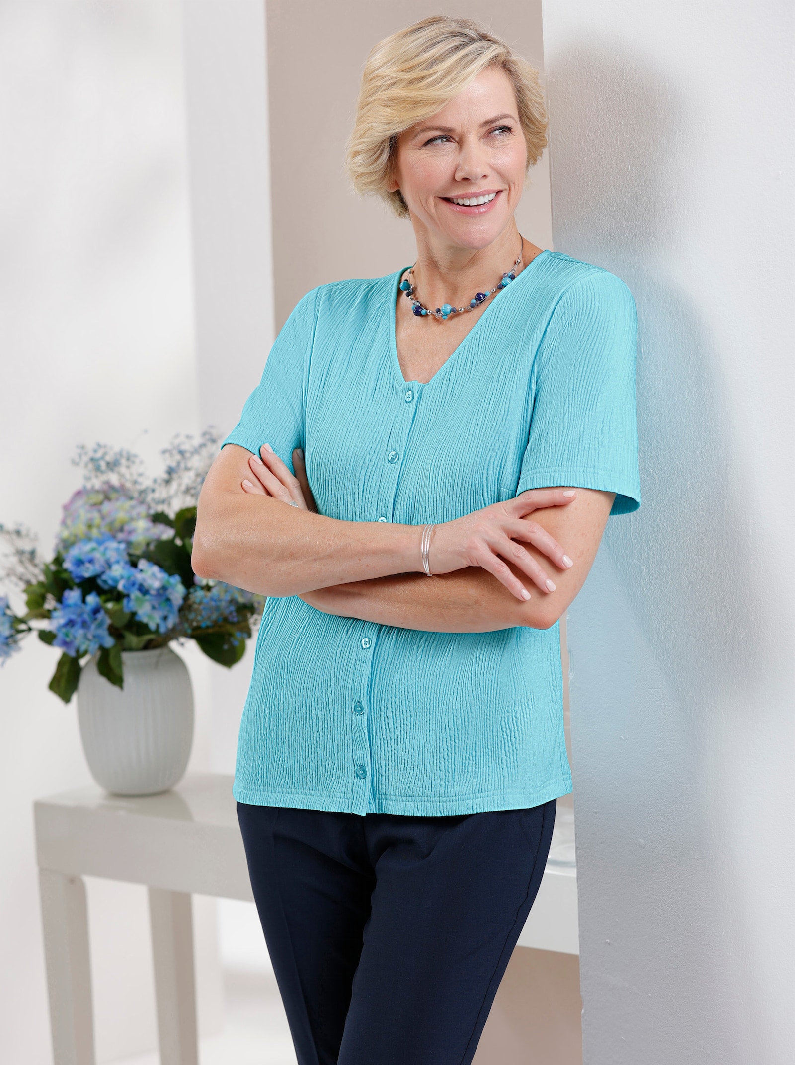 Jersey-Bluse in bügelfreier Crash-Qualität - aquamarin