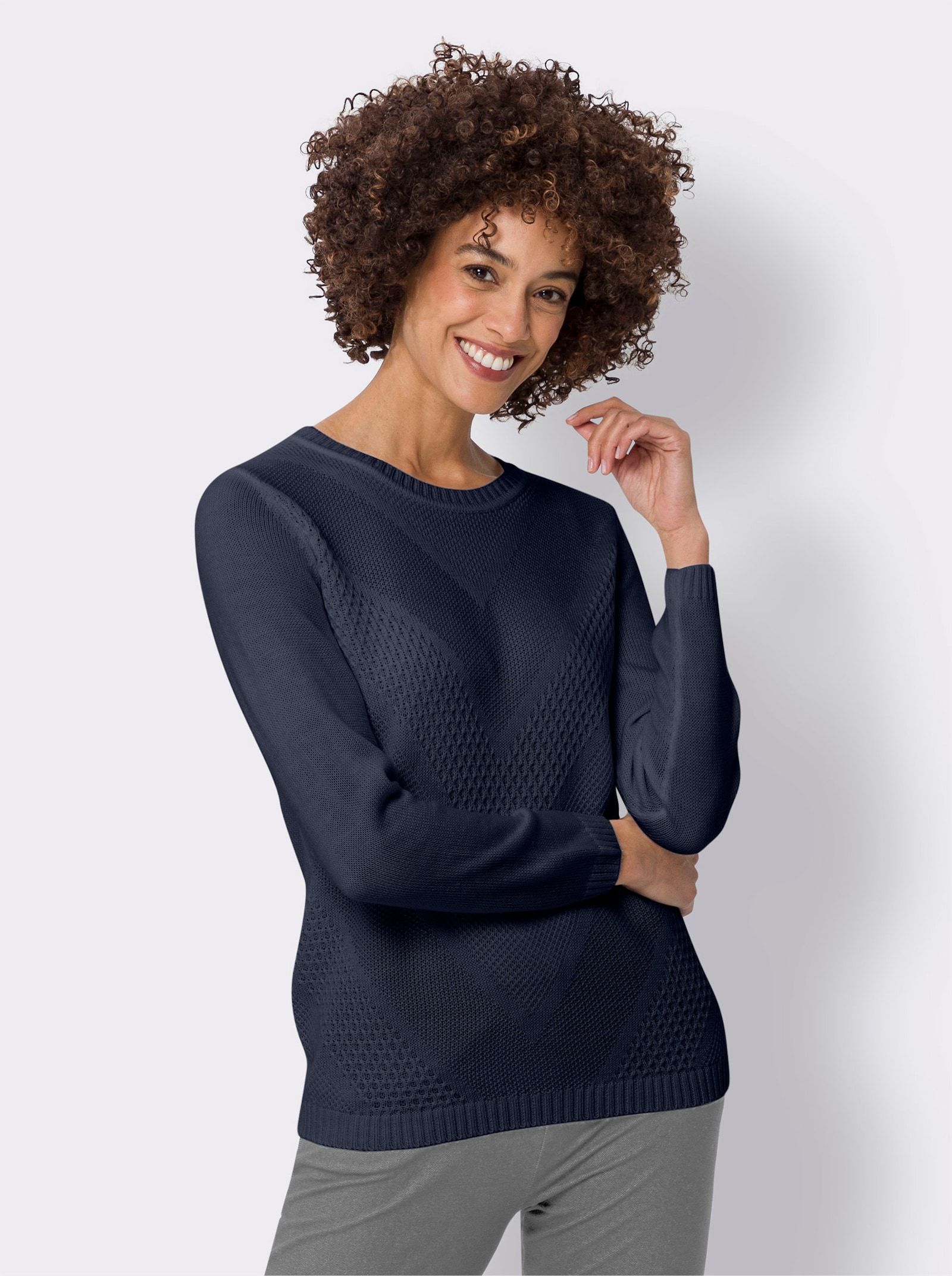 Langarm-Pullover mit Strickmuster vorne - marine