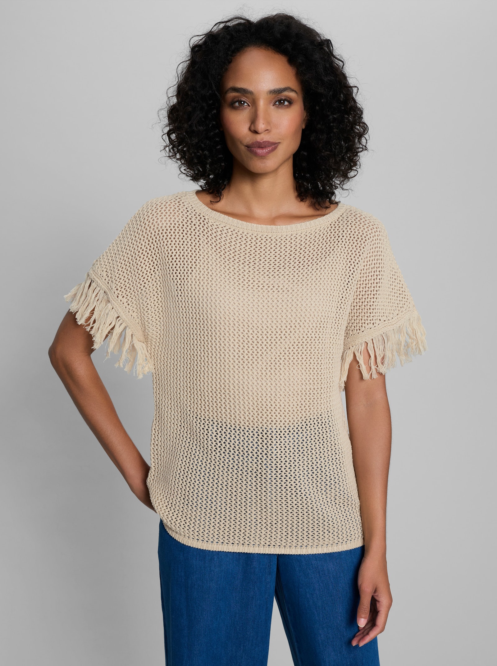 heine Ajourpullover mit Fransen - sand