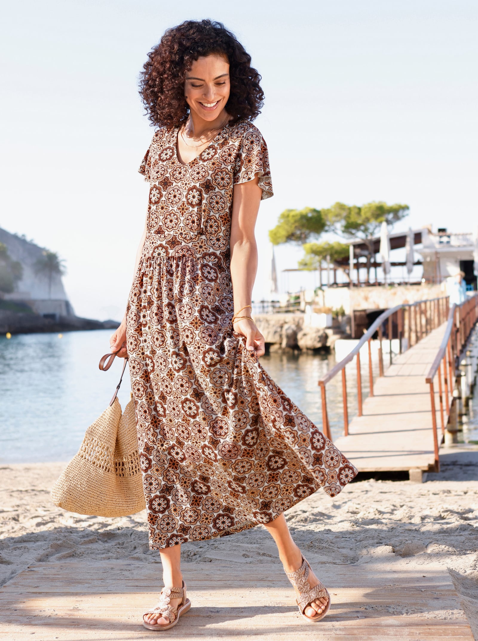 Jerseykleid mit Smokeinsatz im Rücken - papaya-ecru-bedruckt