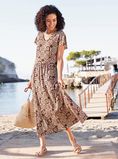 Jerseykleid - papaya-ecru-bedruckt
