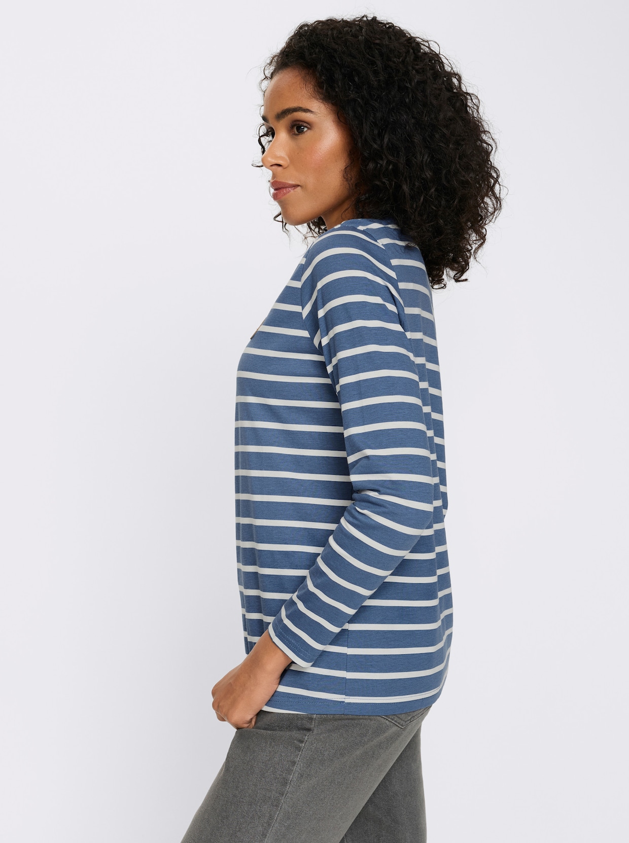 Langarmshirt mit Patch im Vorderteil, geringelt - jeansblau-ecru-geringelt