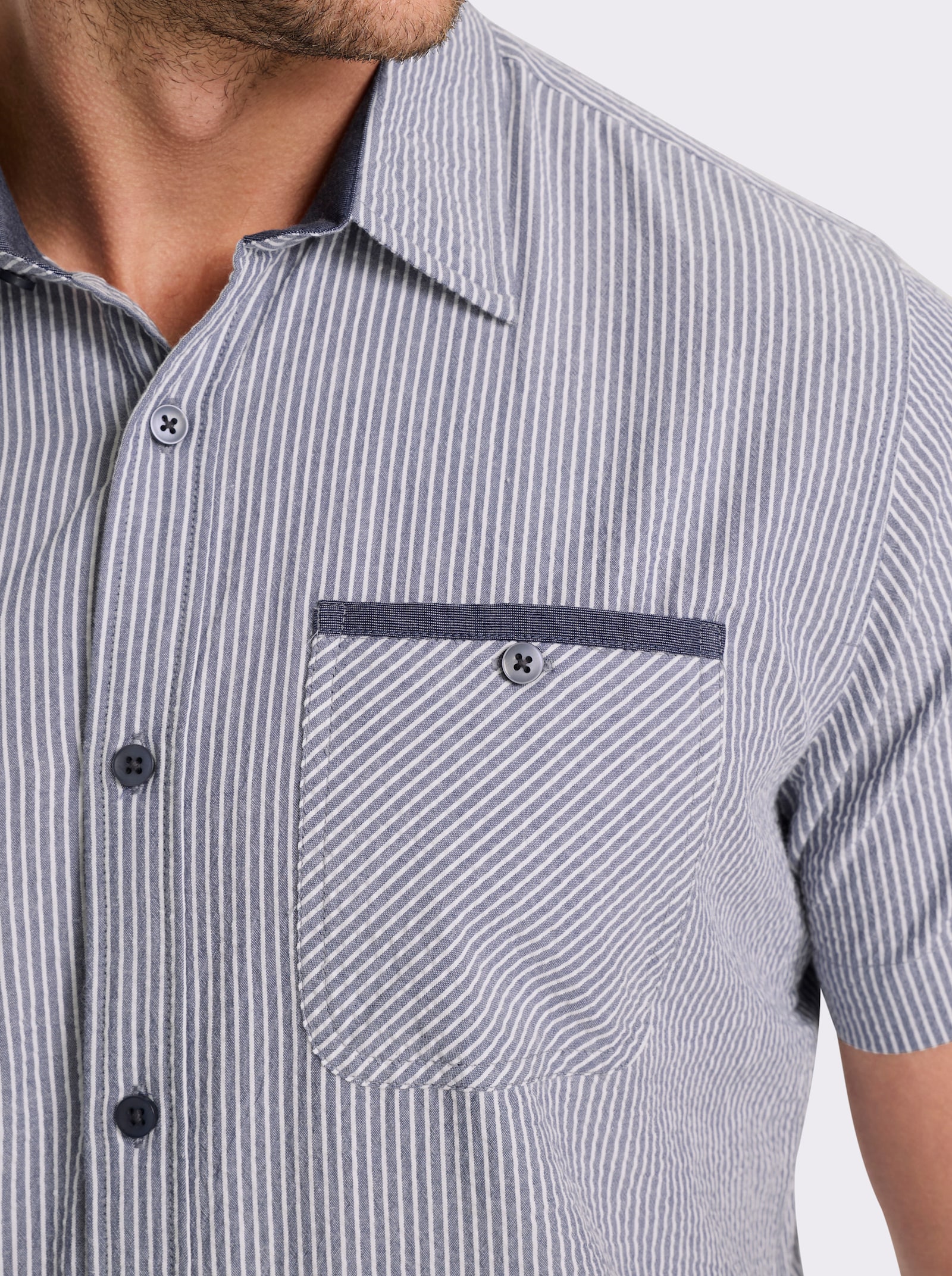 Catamaran Kurzarmhemd aus reiner Baumwolle - rauchblau-weiss-gestreift