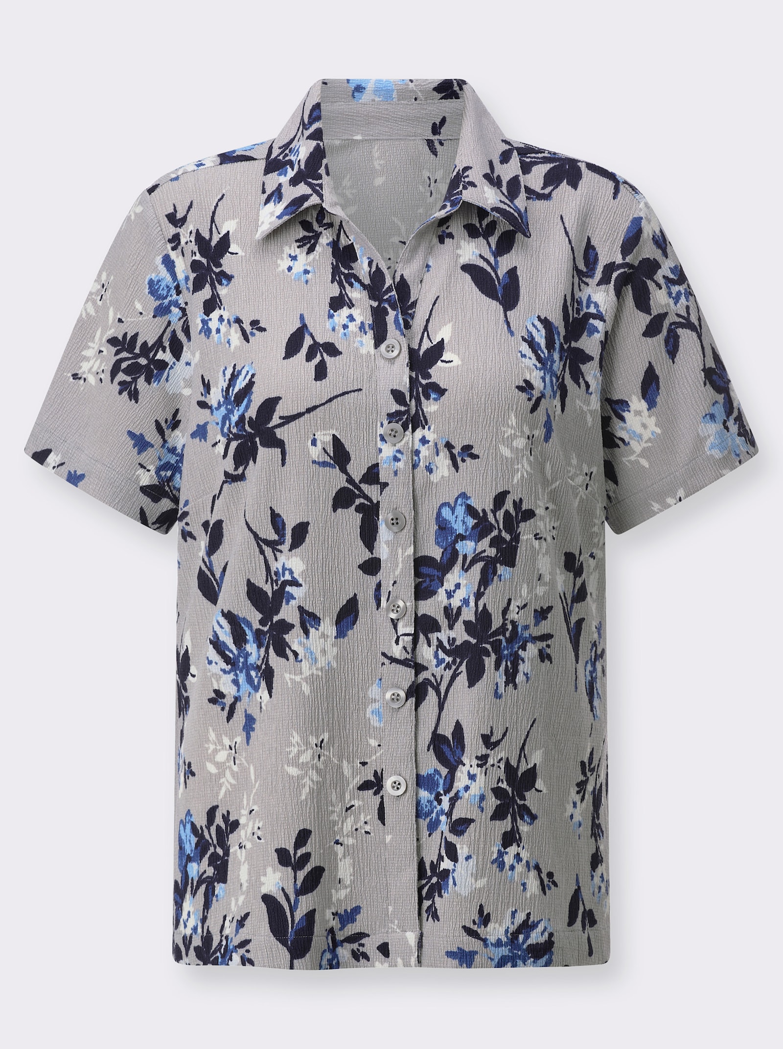 Crêpebluse in Borke-Qualität - steingrau-royalblau-bedruckt