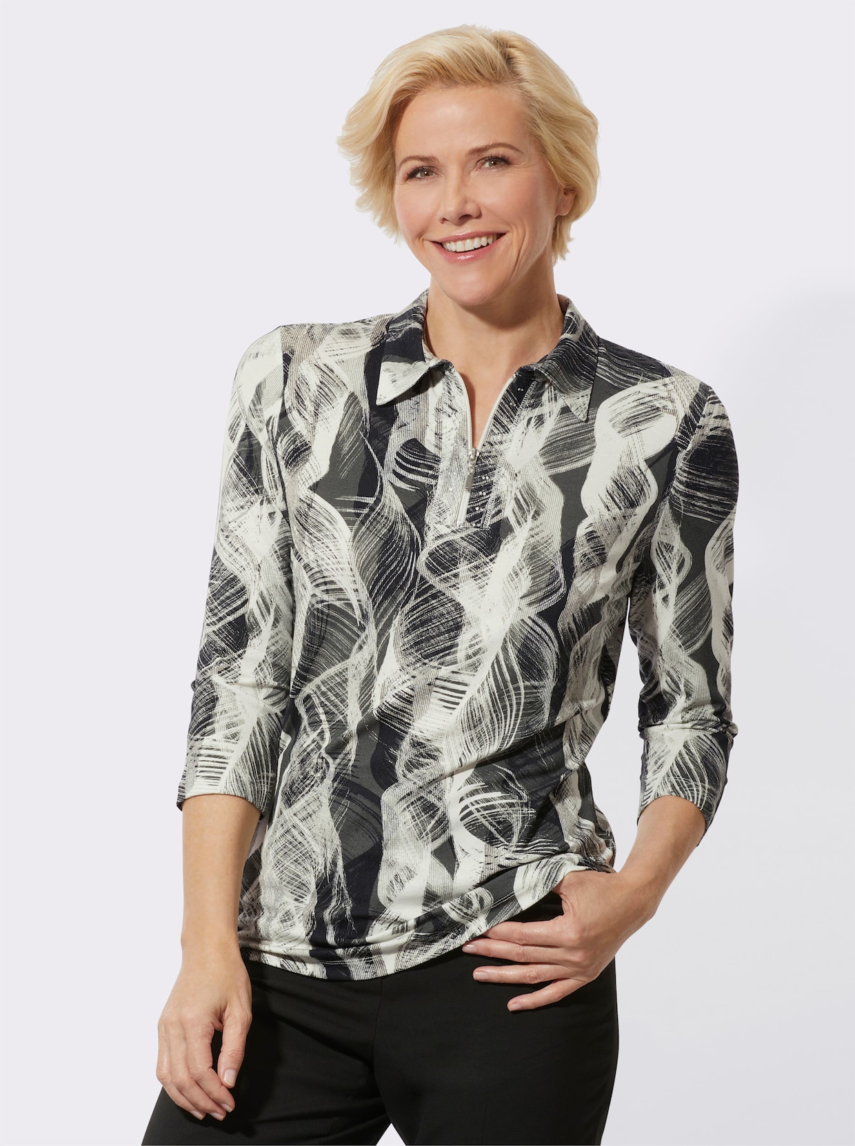 Poloshirt - zwart/ecru geprint