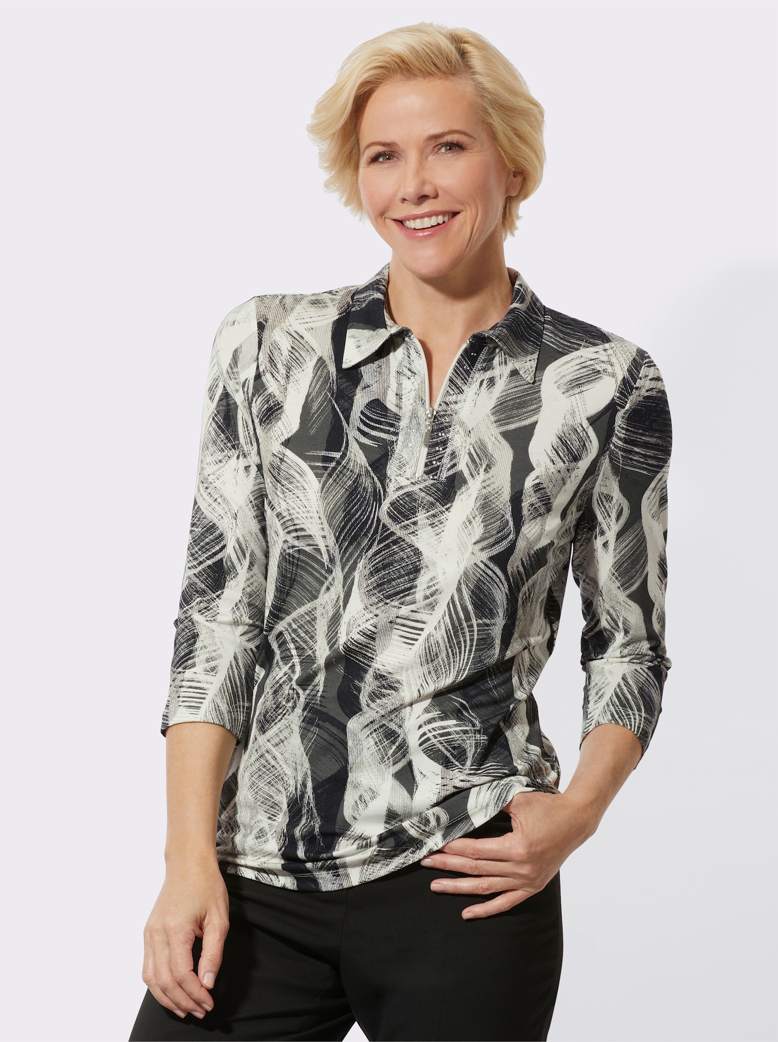 Poloshirt met korte, zilverkleurige rits - zwart/ecru geprint