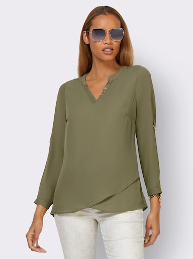 Langarm-Bluse mit offenem V - khaki
