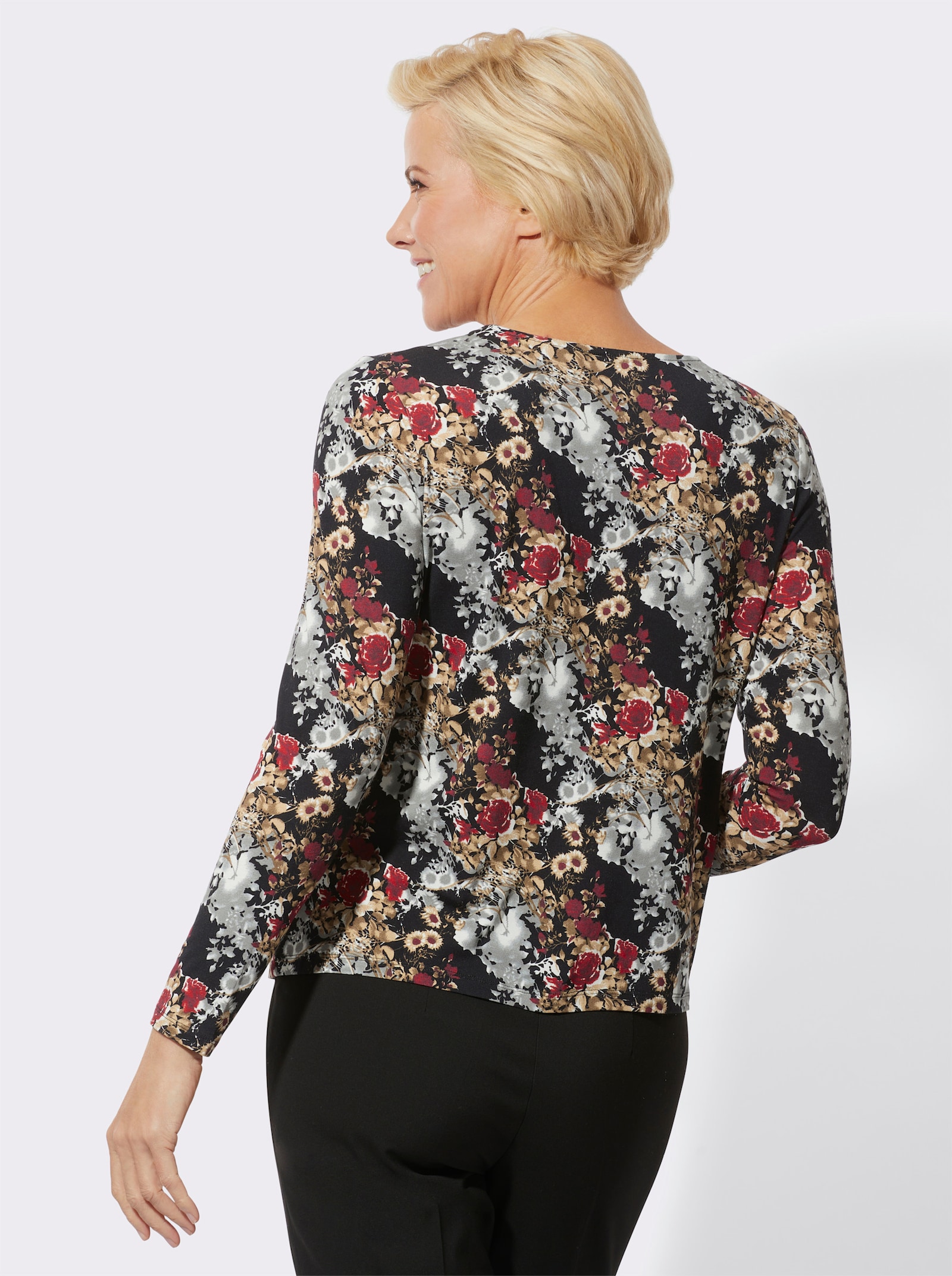 Rundhalsshirt mit 95% Viskose (ECOVERO) - dunkelrot-camel-bedruckt