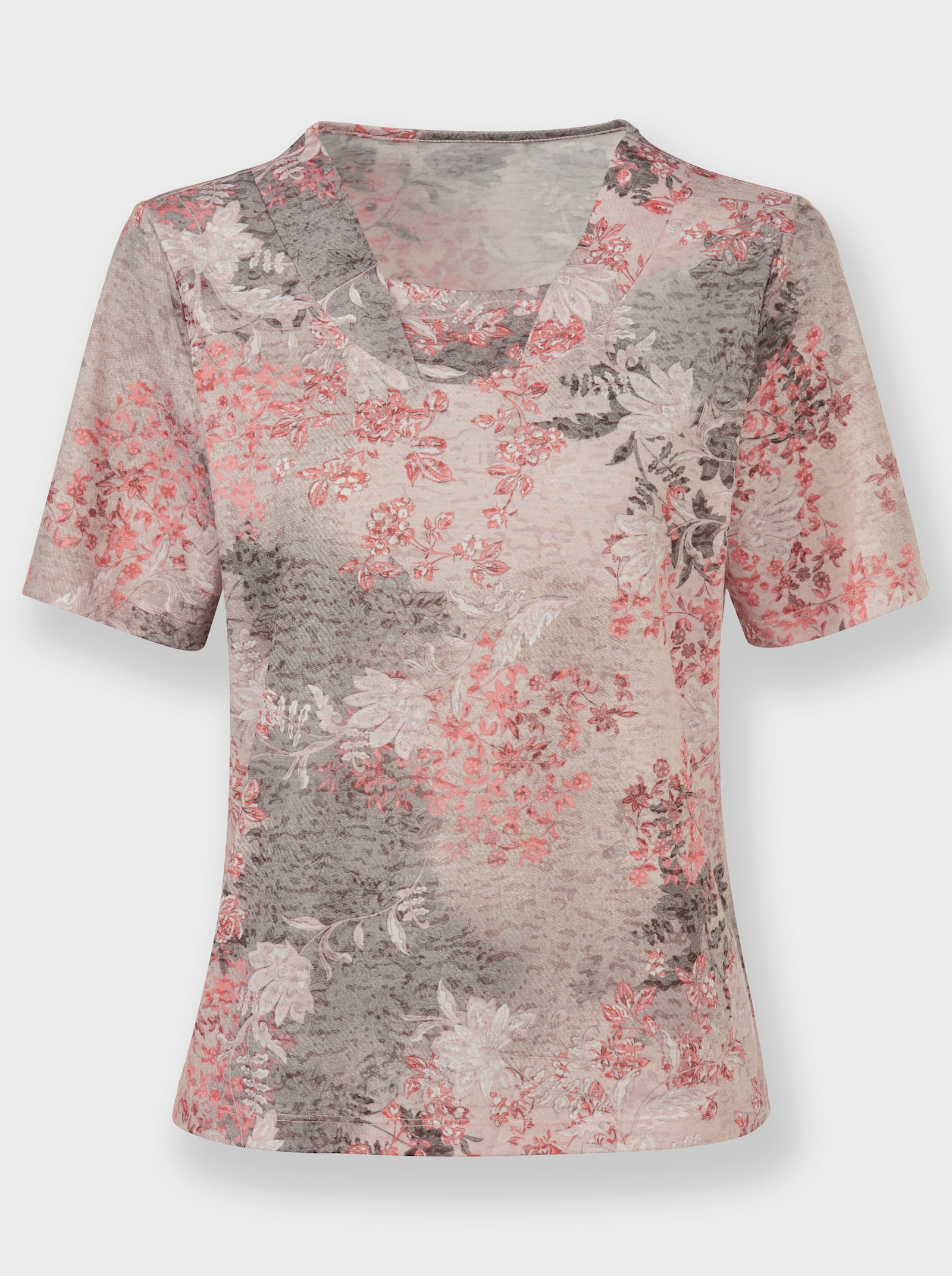 Kurzarmshirt im floralen Dessin - flamingo-grau-bedruckt