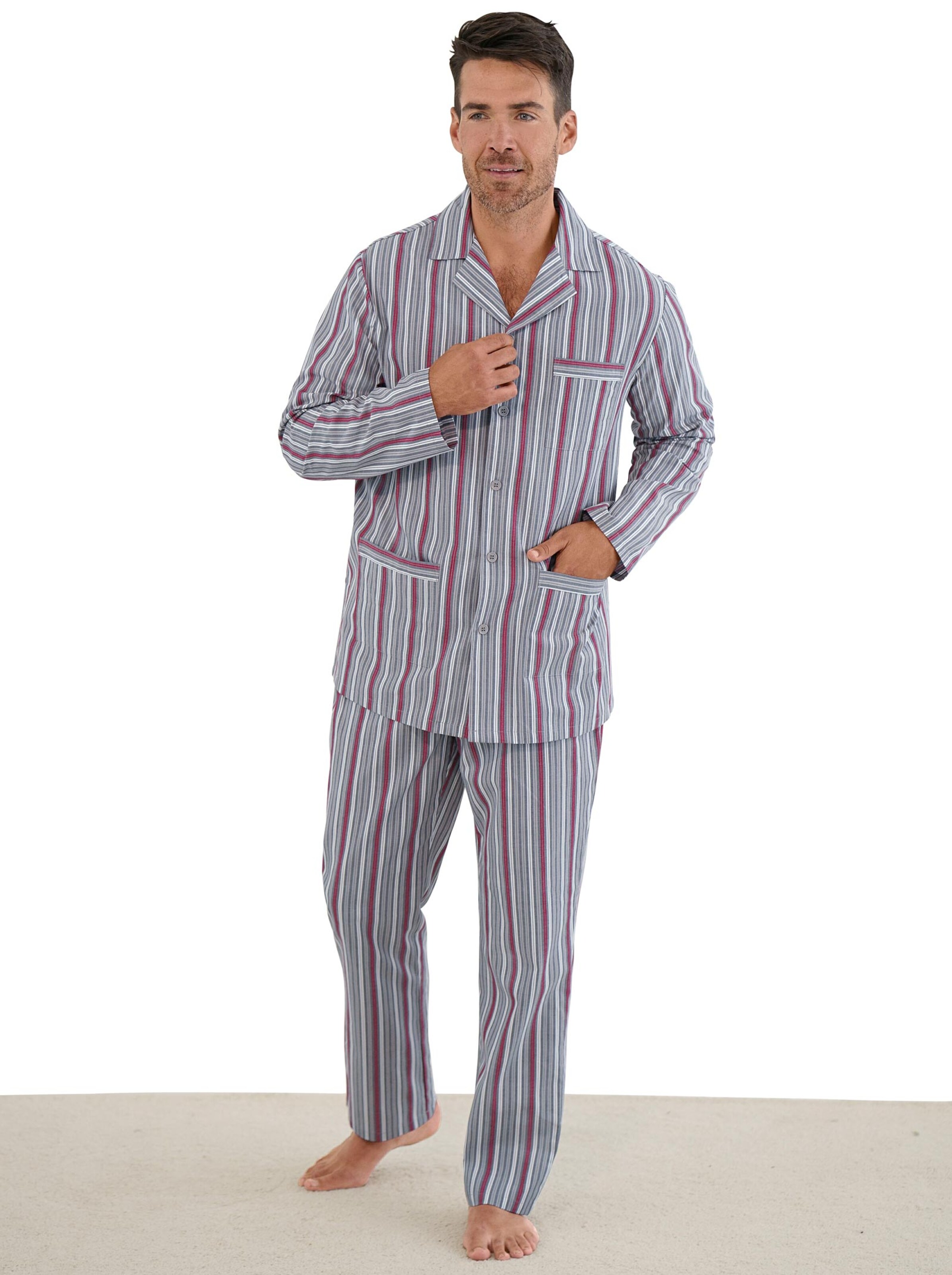 Pyjama - grau-rot-gestreift