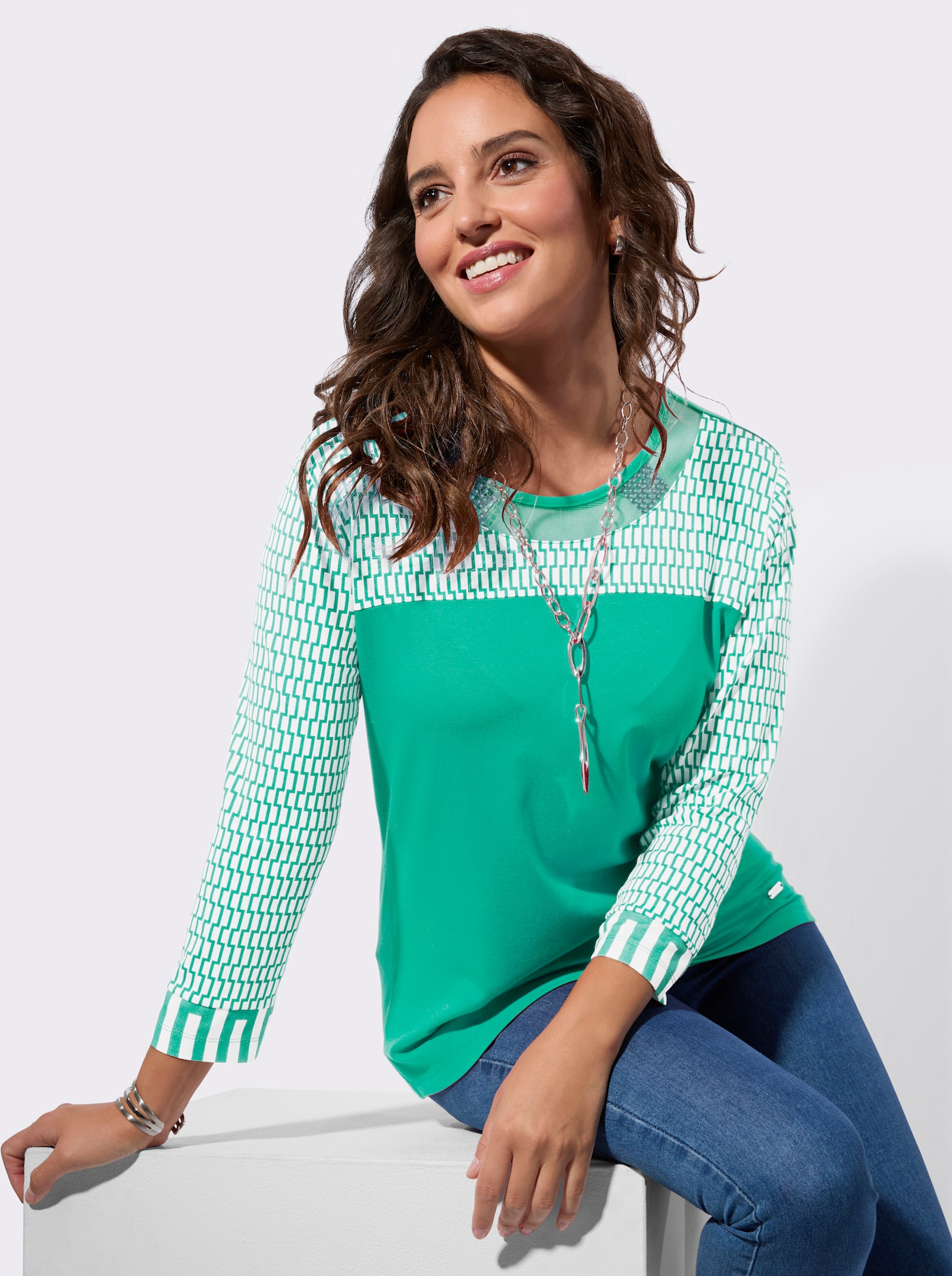 3/4-Arm-Shirt mit Mesh-Einsatz am Ausschnitt - blaugrün-ecru-bedruckt