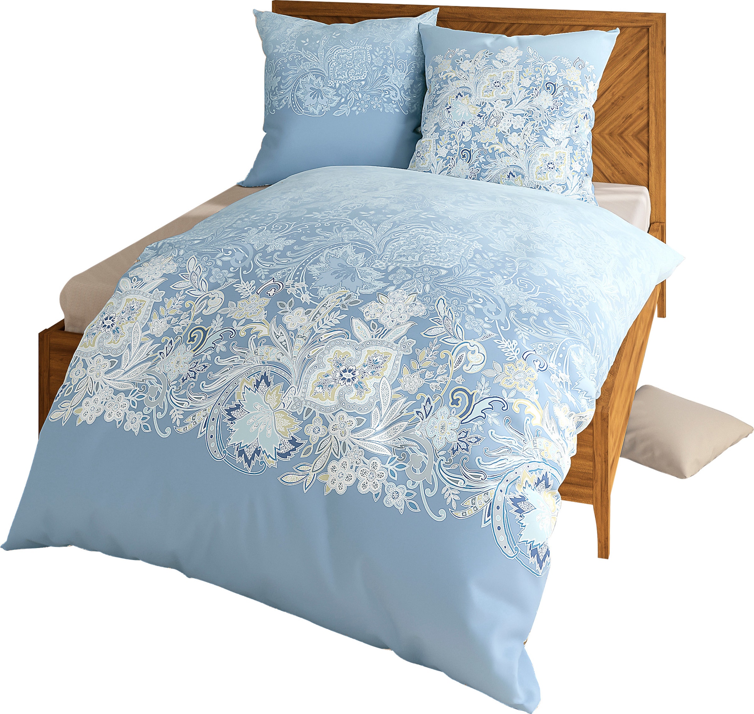 Um die  günstig Kaufen-Bettwäsche in hellblau-bedruckt von Kaeppel. Bettwäsche in hellblau-bedruckt von Kaeppel <![CDATA[Blumen verbreiten immer gute Laune – wie diese Bettwäsche aus dem Hause Kaeppel auf wunderschöne Weise beweist. Kopfkissen im Dessin-Mix. Der p