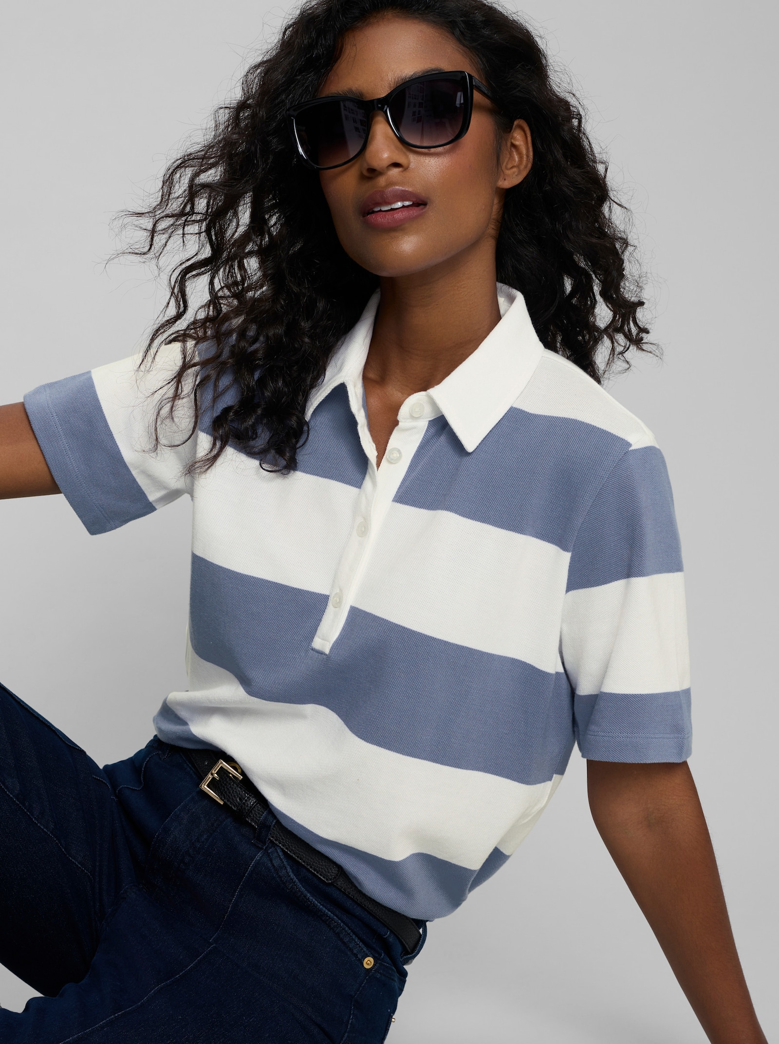heine Poloshirt mit Blockstreifen - taubenblau-ecru-gestreift
