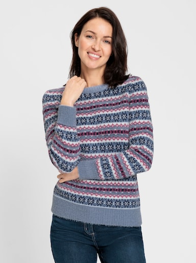 Jacquardpullover mit Merino Anteil - taubenblau-erika-gemustert