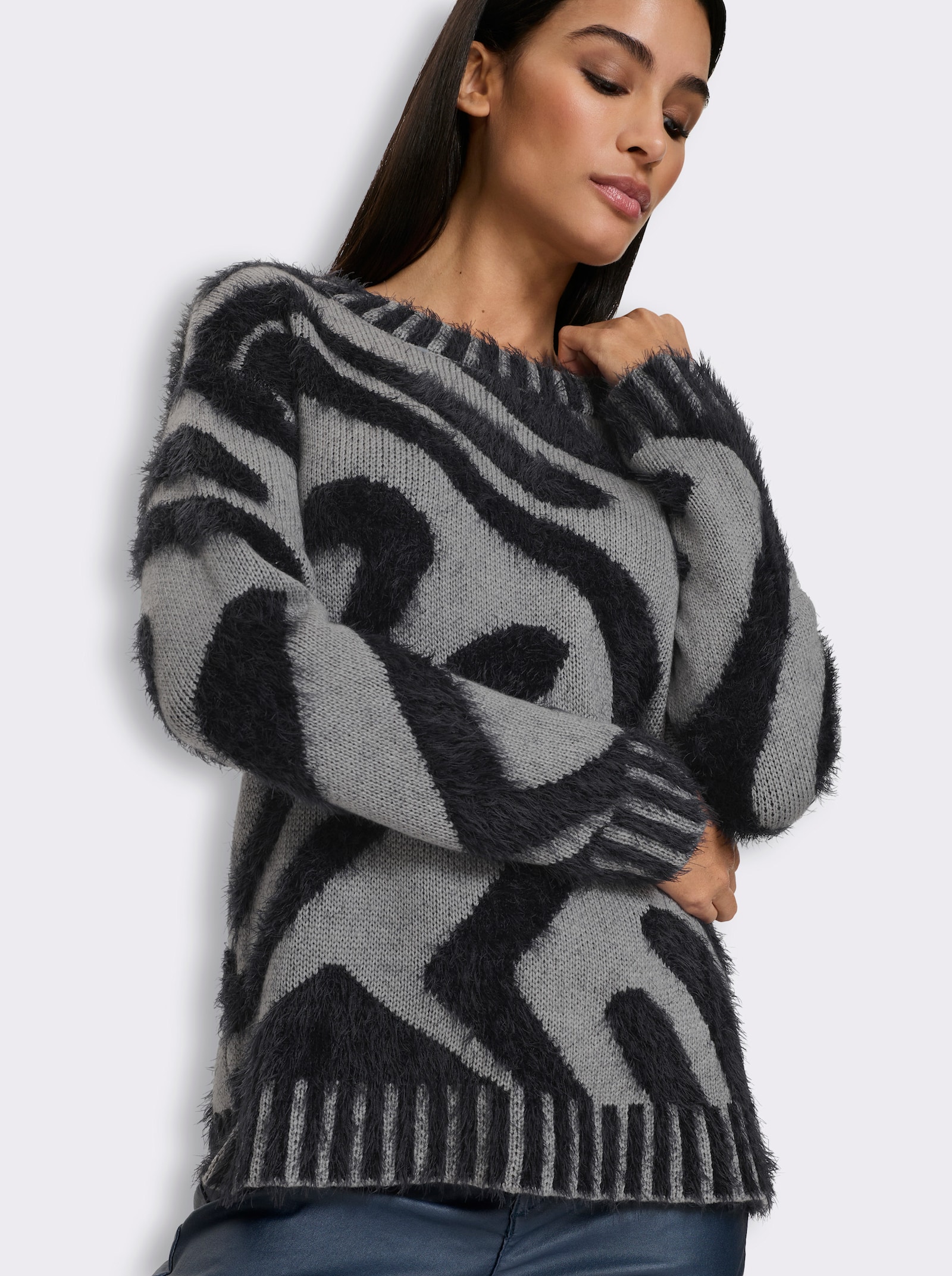 heine Jacquard-Pullover mit U-Boot-Ausschnitt - steingrau-schwarz-gemustert