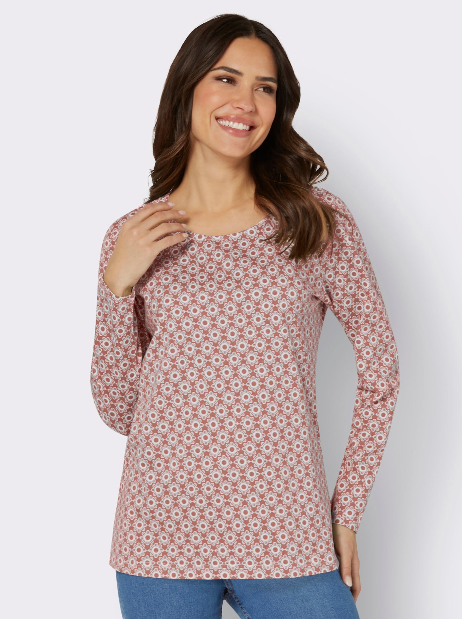 Tričko s dlhými rukávmi a minimalistickým vzorom - Ružové drevo-svetlobéžová potlač