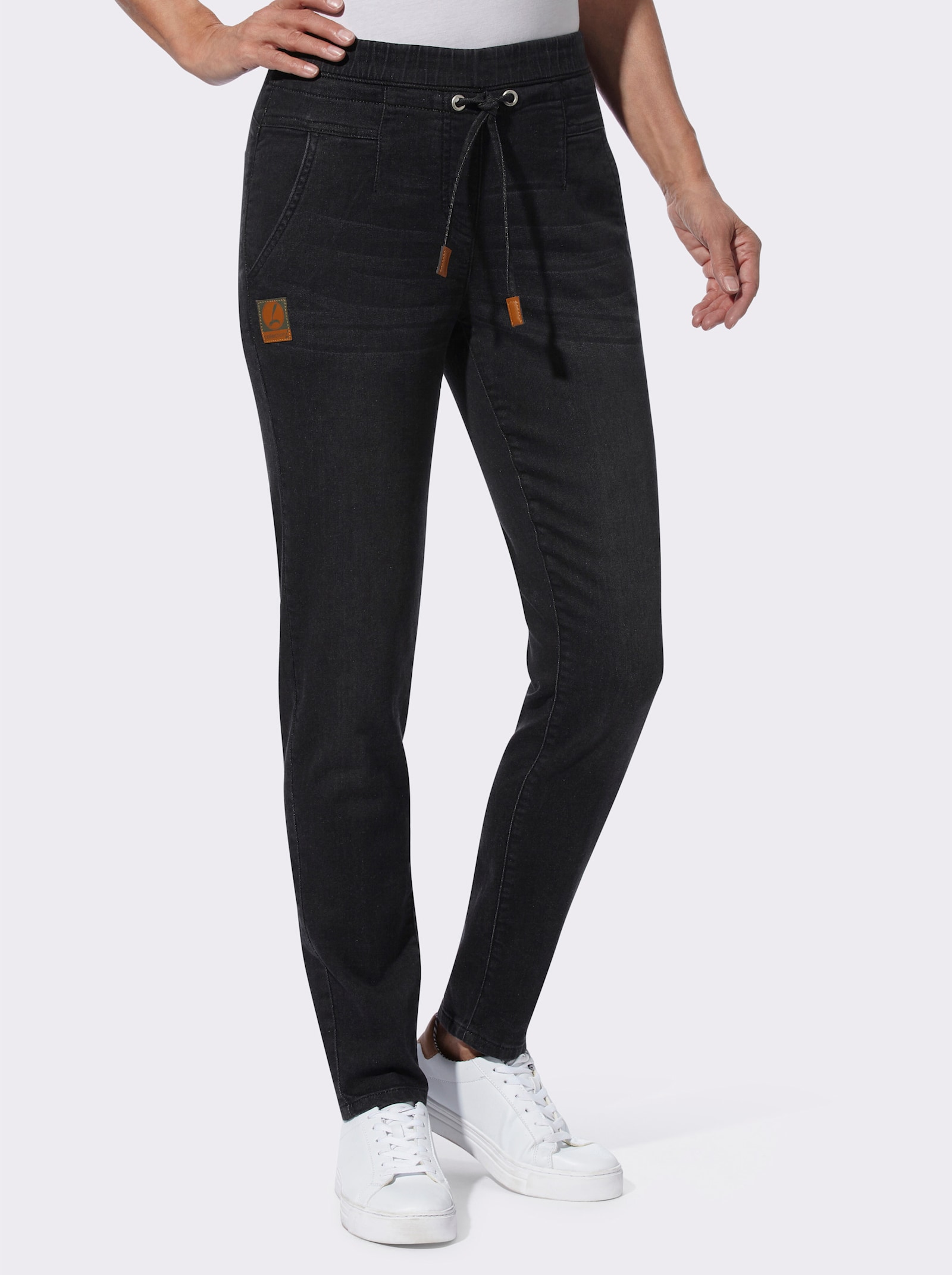 Schlupfjeans mit Tunnelzug und Bindeband - black-denim