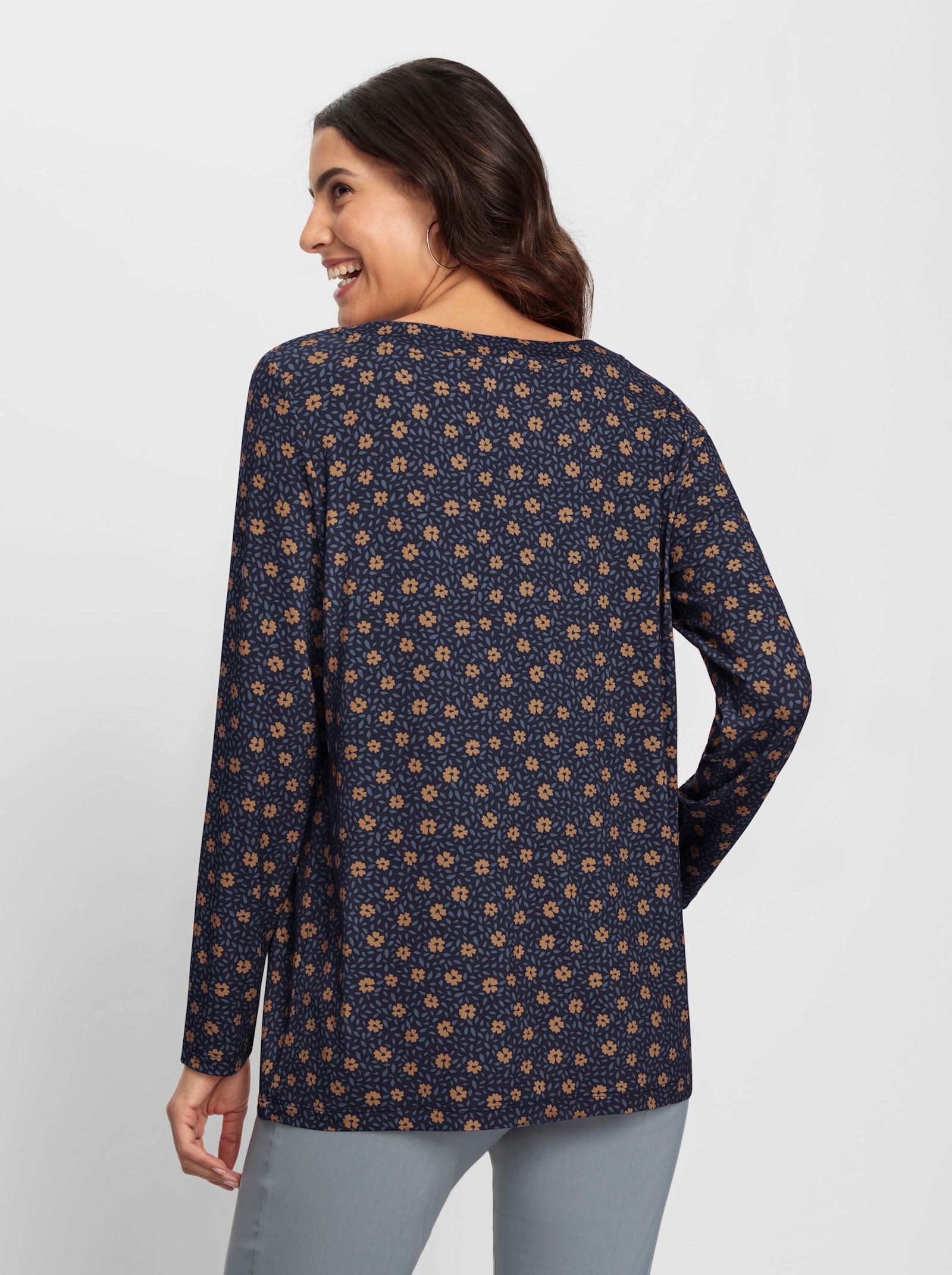 Tuniekshirt in A-lijn - marine/camel bedrukt