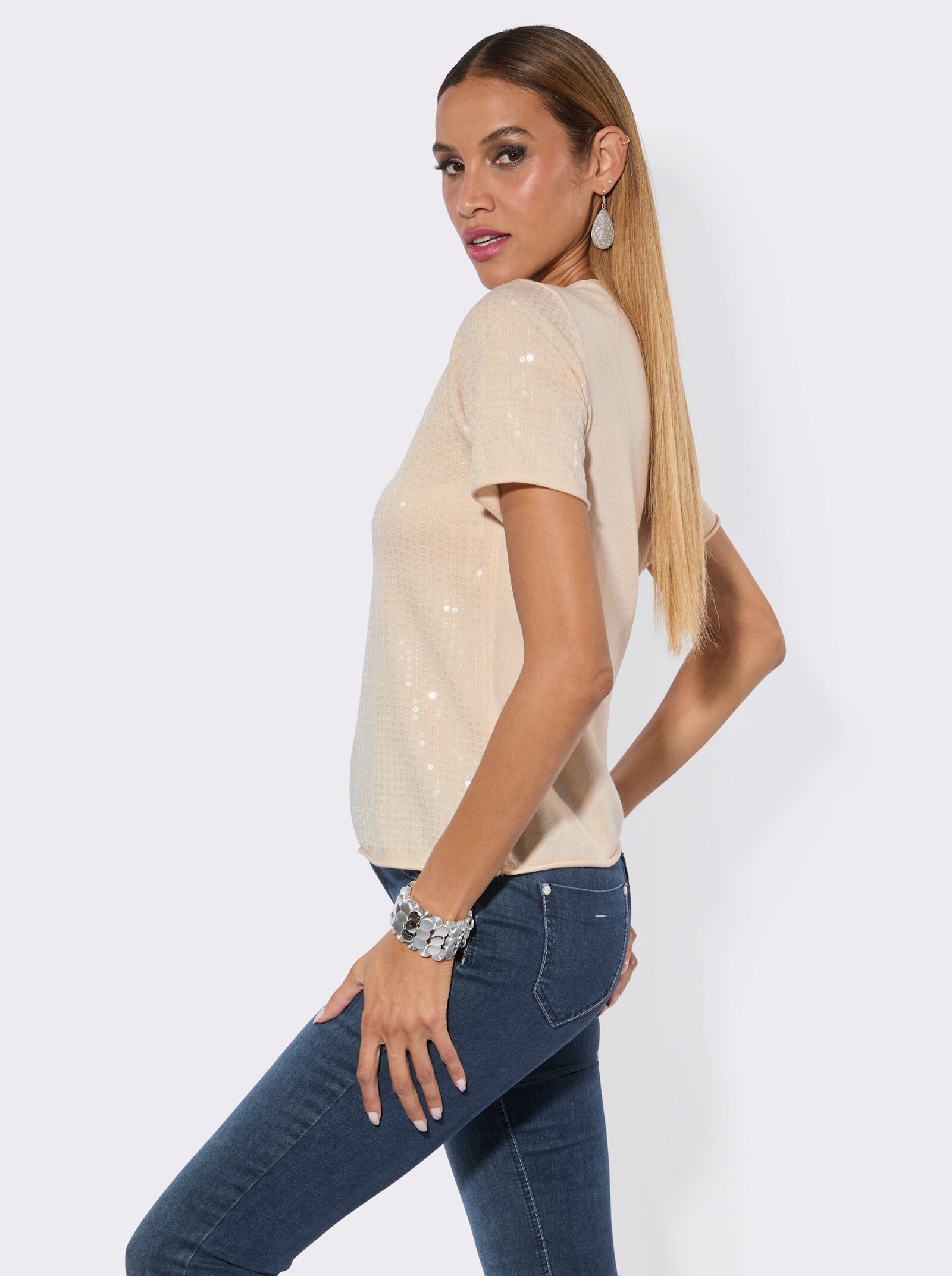 Kurzarmpullover mit transparenten Pailletten - elfenbein