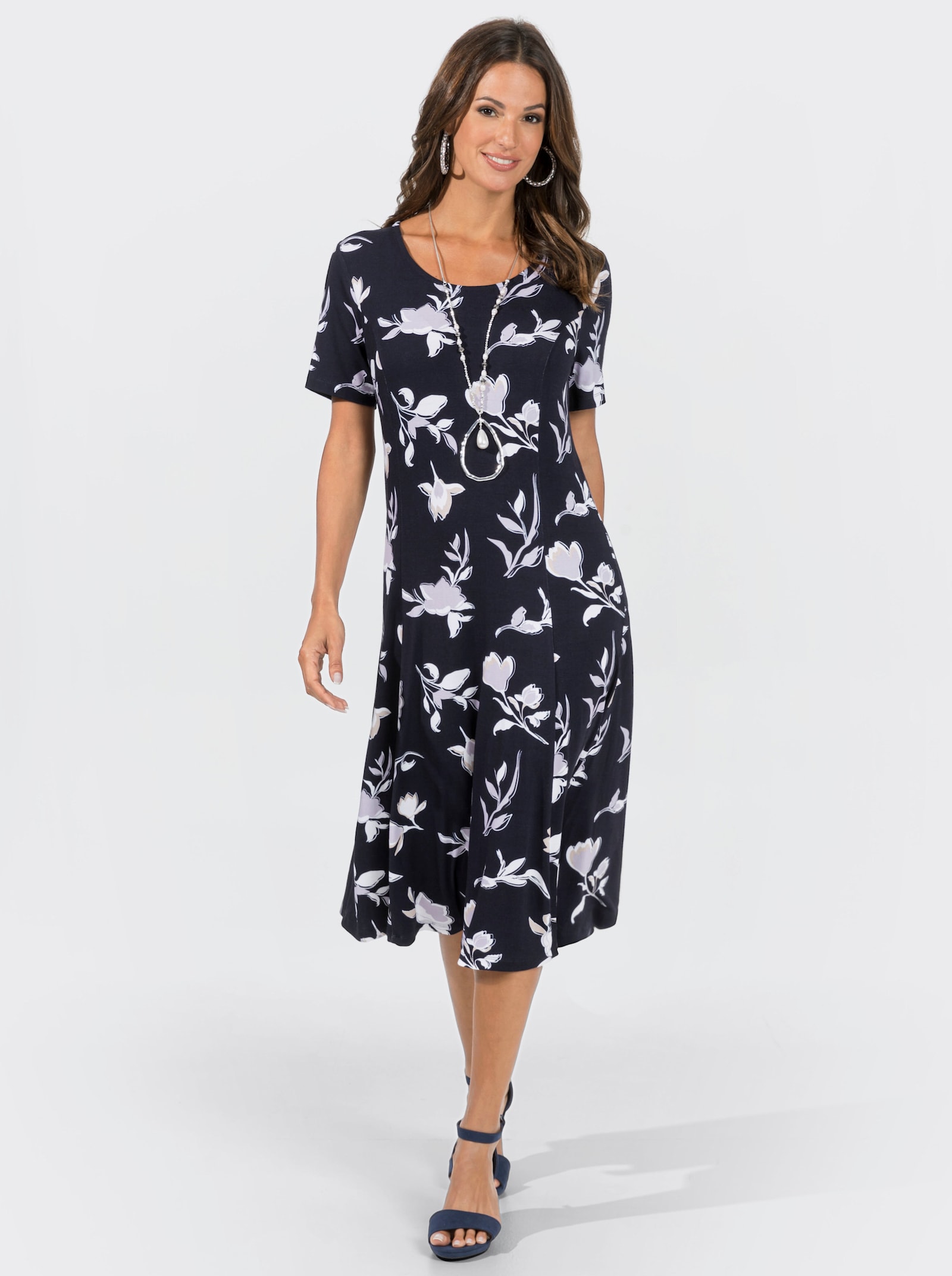 Jerseykleid in A-Form - marine-flieder-bedruckt