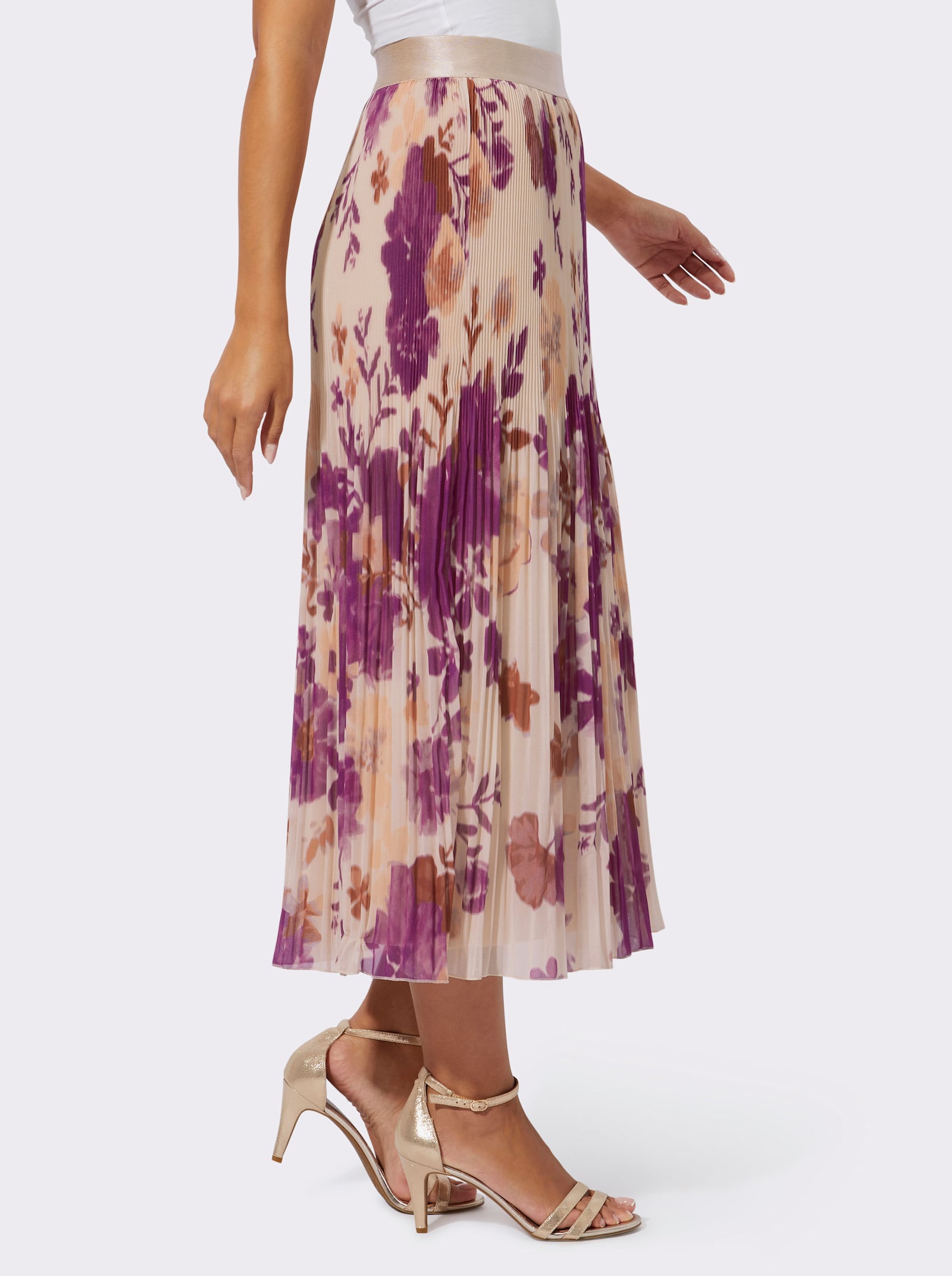 Plisseerock mit Viskose-Futter - elfenbein-fuchsia-bedruckt