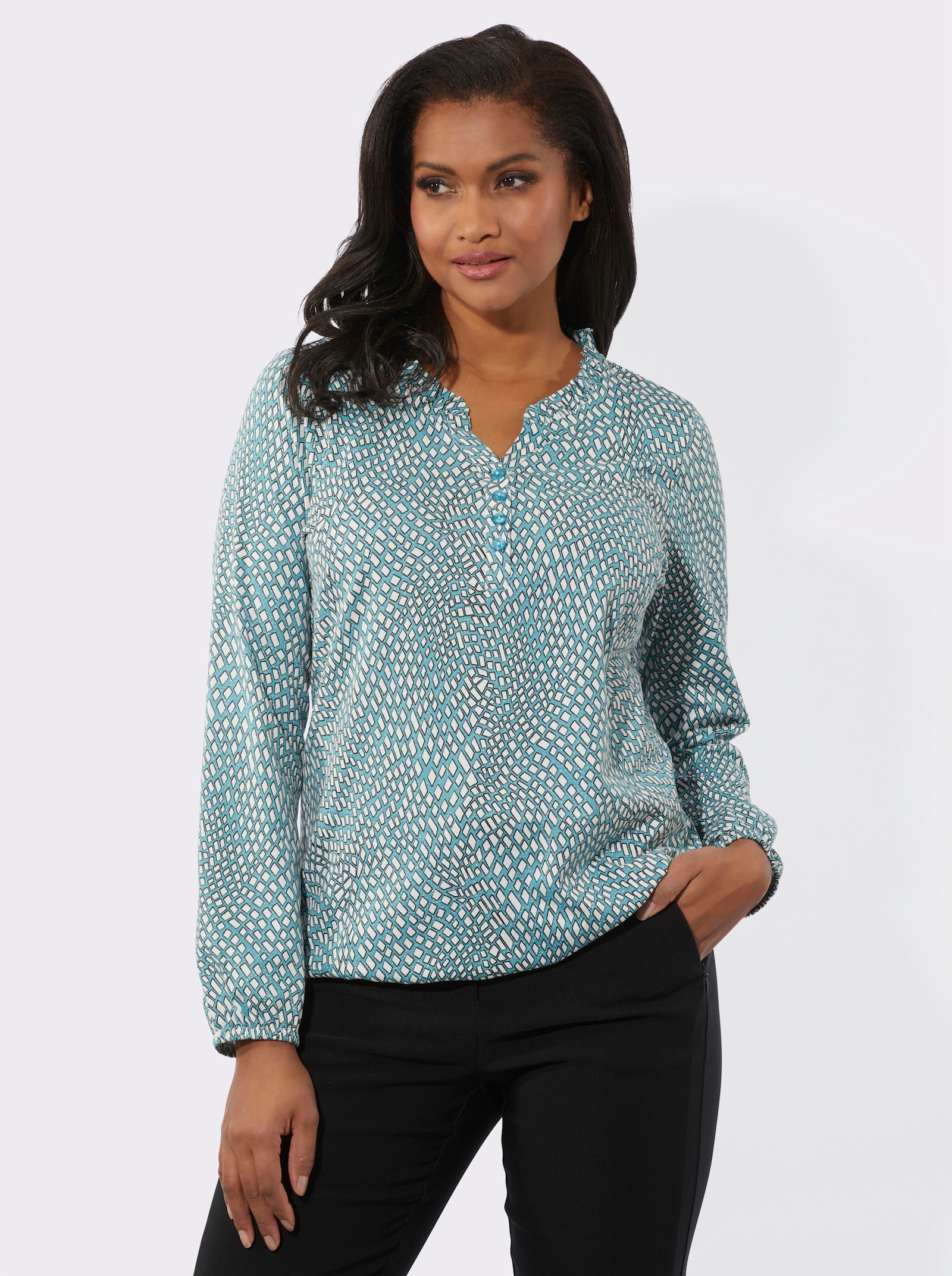 Langarmshirt im Material-Mix - ozean-ecru-bedruckt