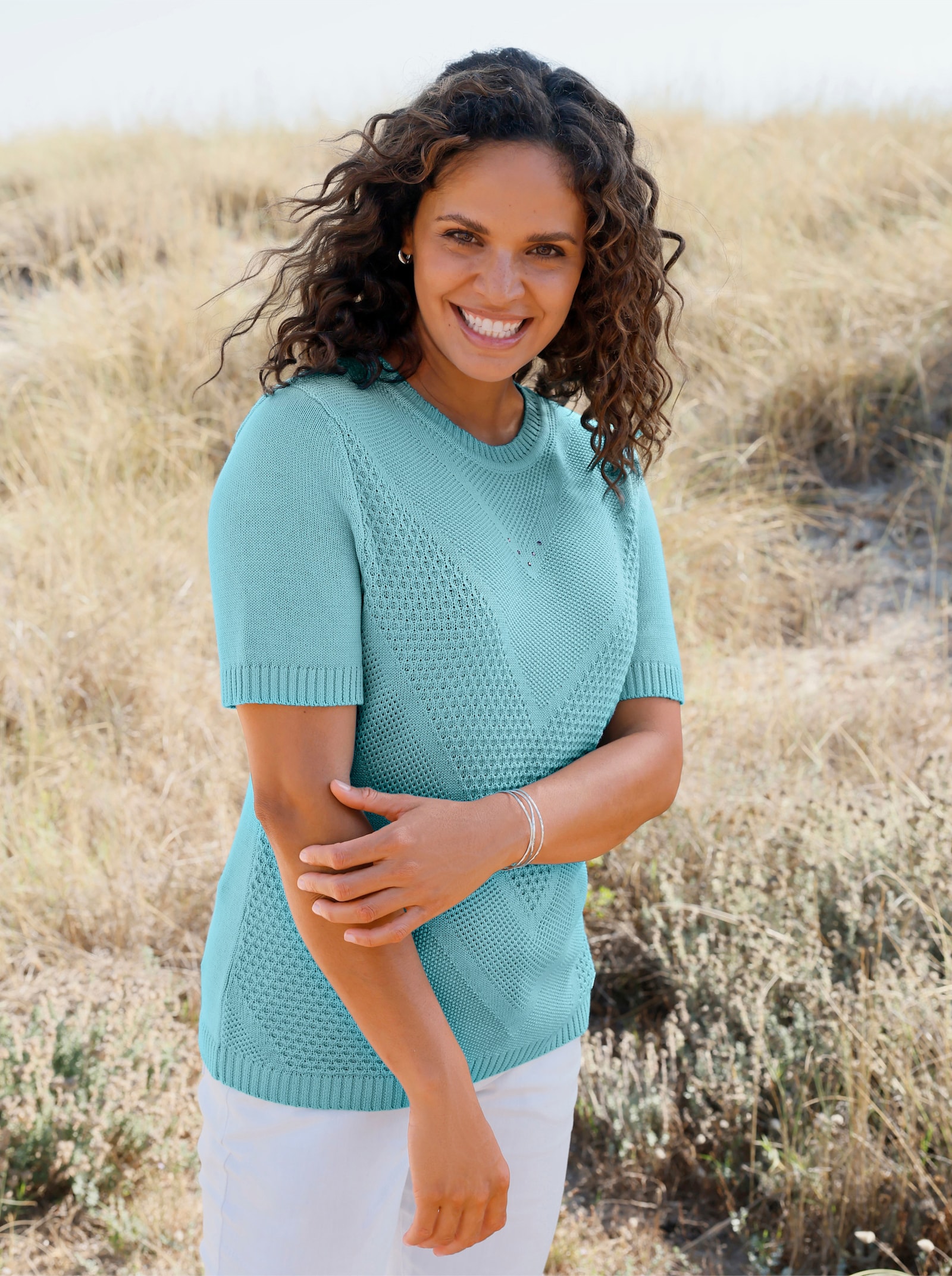 Kurzarmpullover mit Metallstein-Verzierung - aquamarin